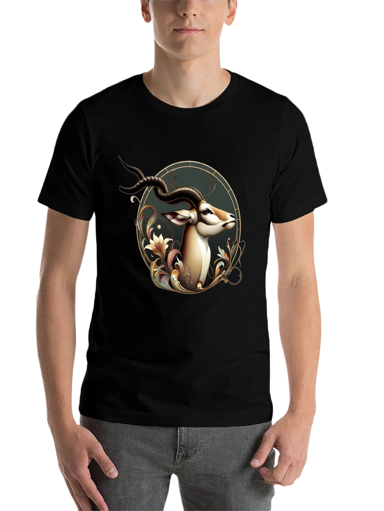 Black Elegant Antelope Graphic Tee - Men's Black T-Shirt view 7