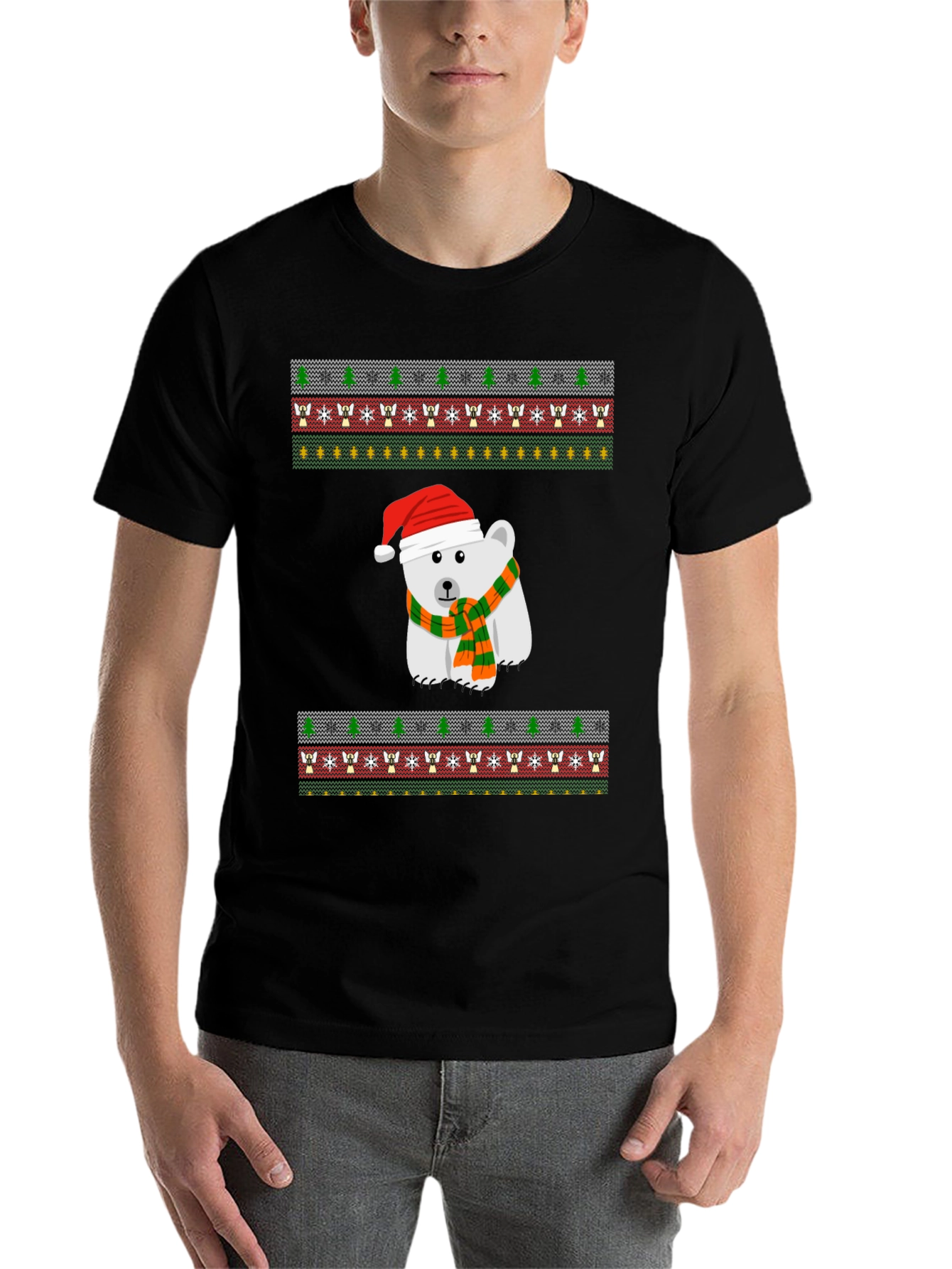 Black Festive Polar Bear Holiday T-Shirt view 7