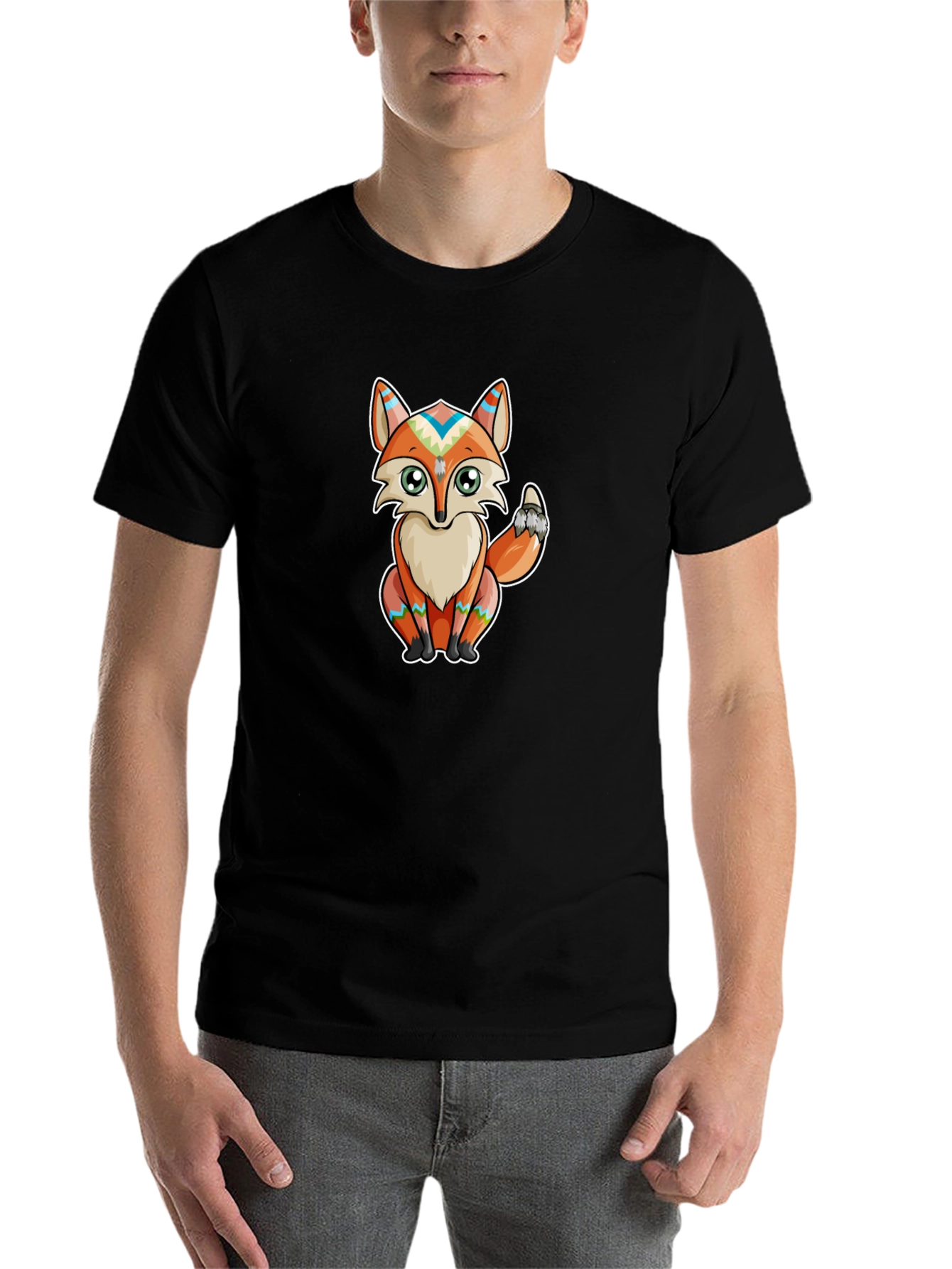 Black Tribal Fox Graphic T-Shirt - Black Crew Neck view 7