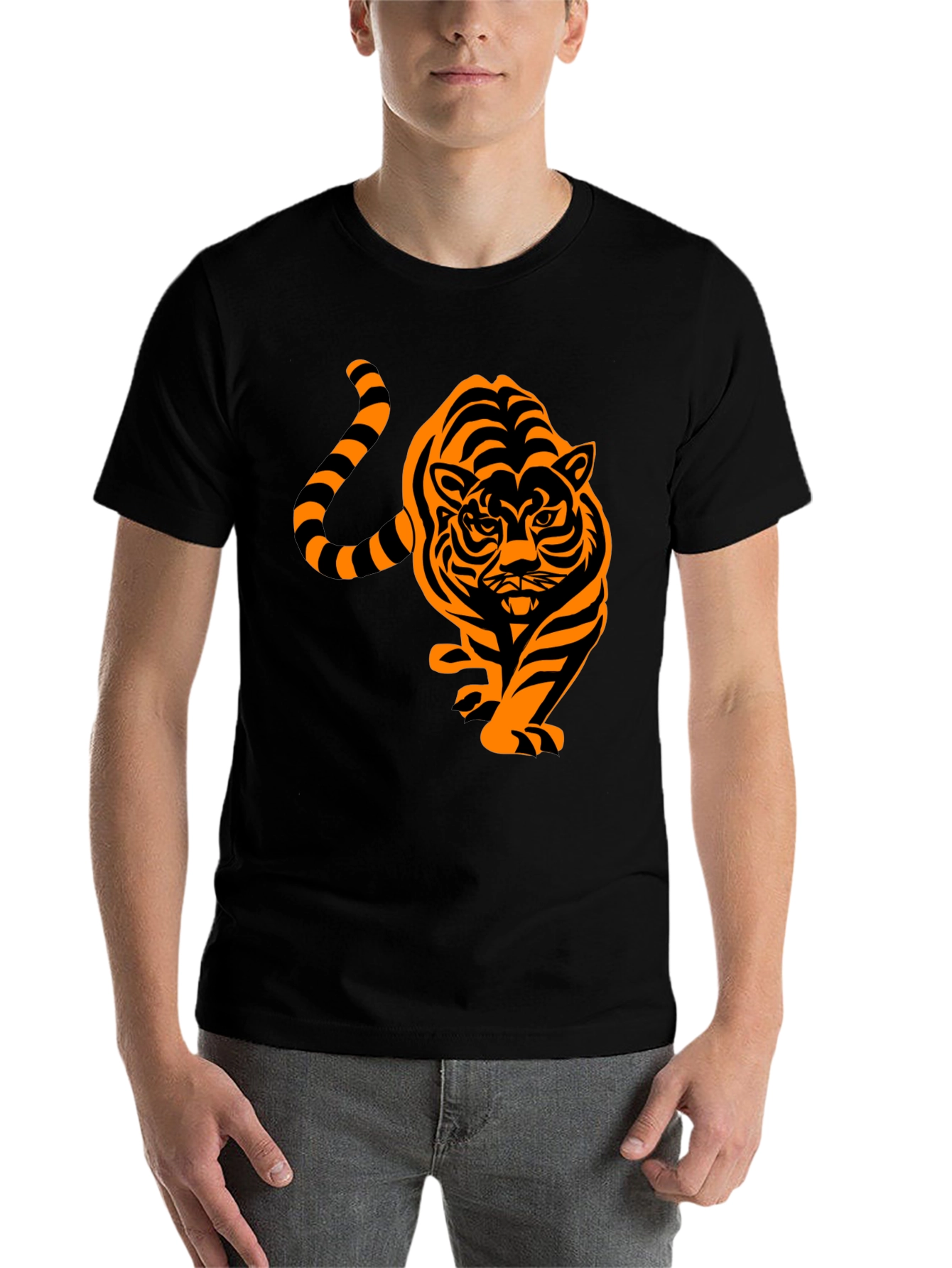 Black Men's Black T-Shirt with Orange Tiger Design view 7
