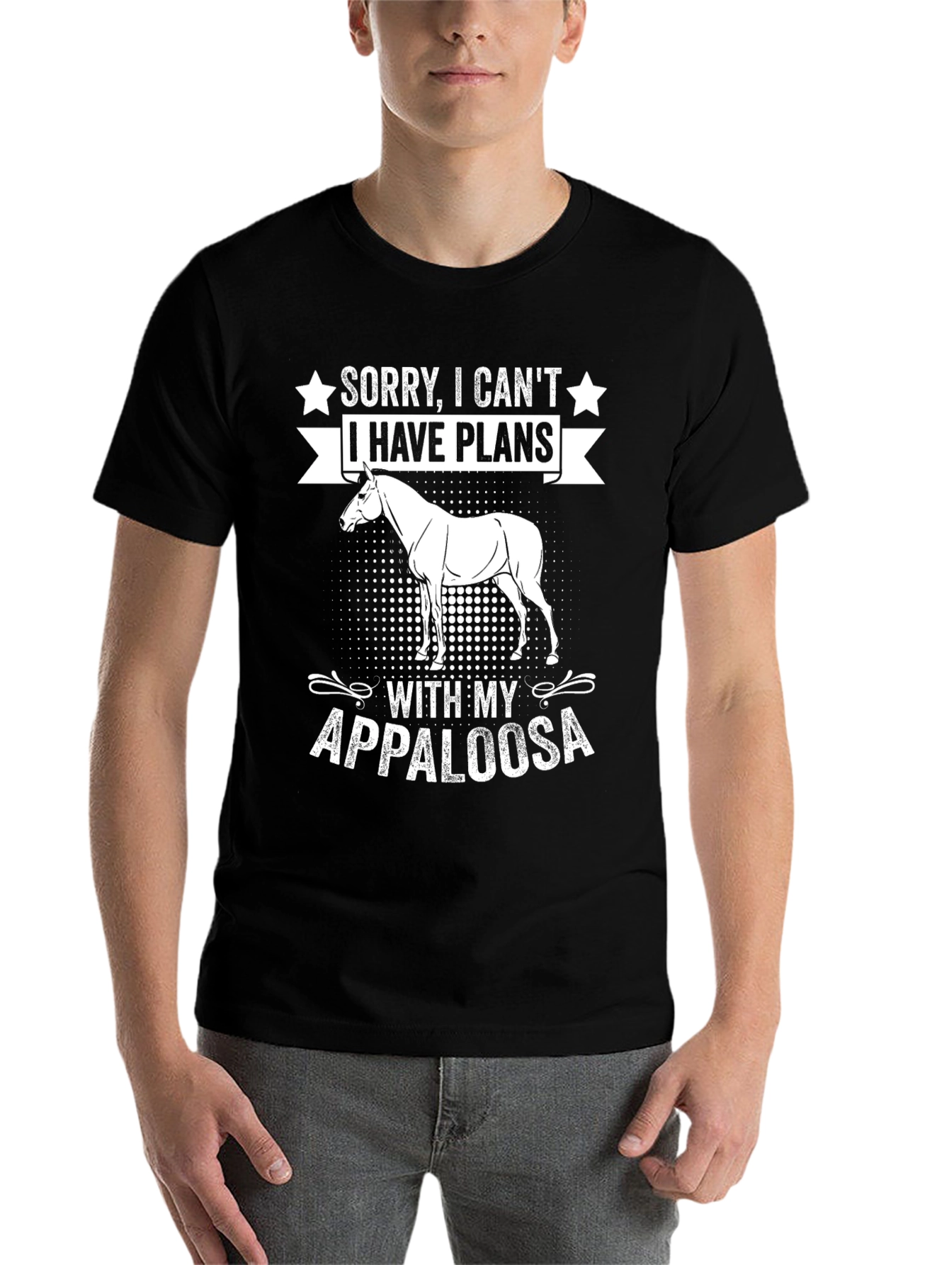 Black Appaloosa Horse Graphic Tee - Sorry, I Can't, Plans T-Shirt view 7