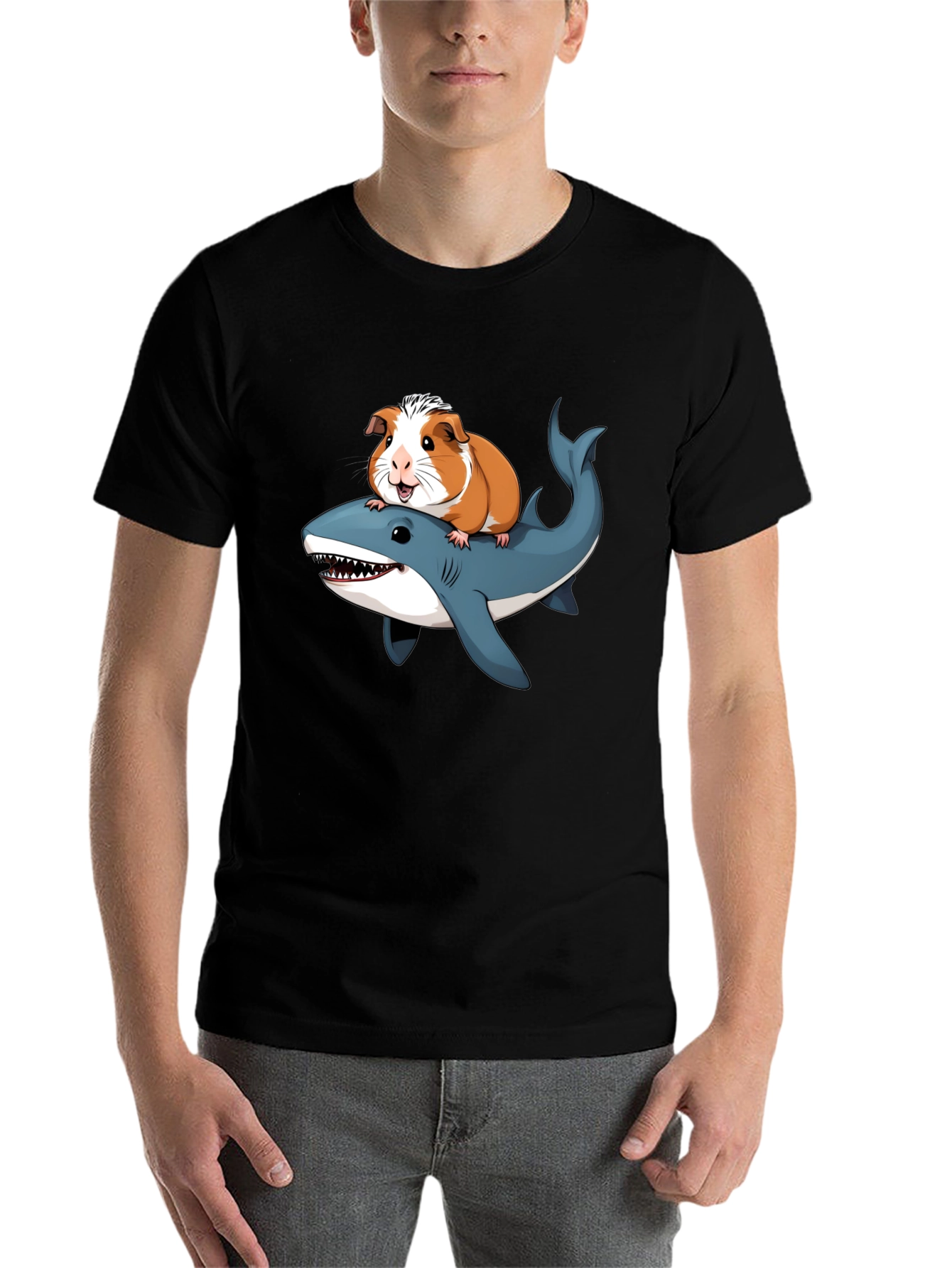 Black Guinea Pig Riding Shark Funny T-Shirt view 7