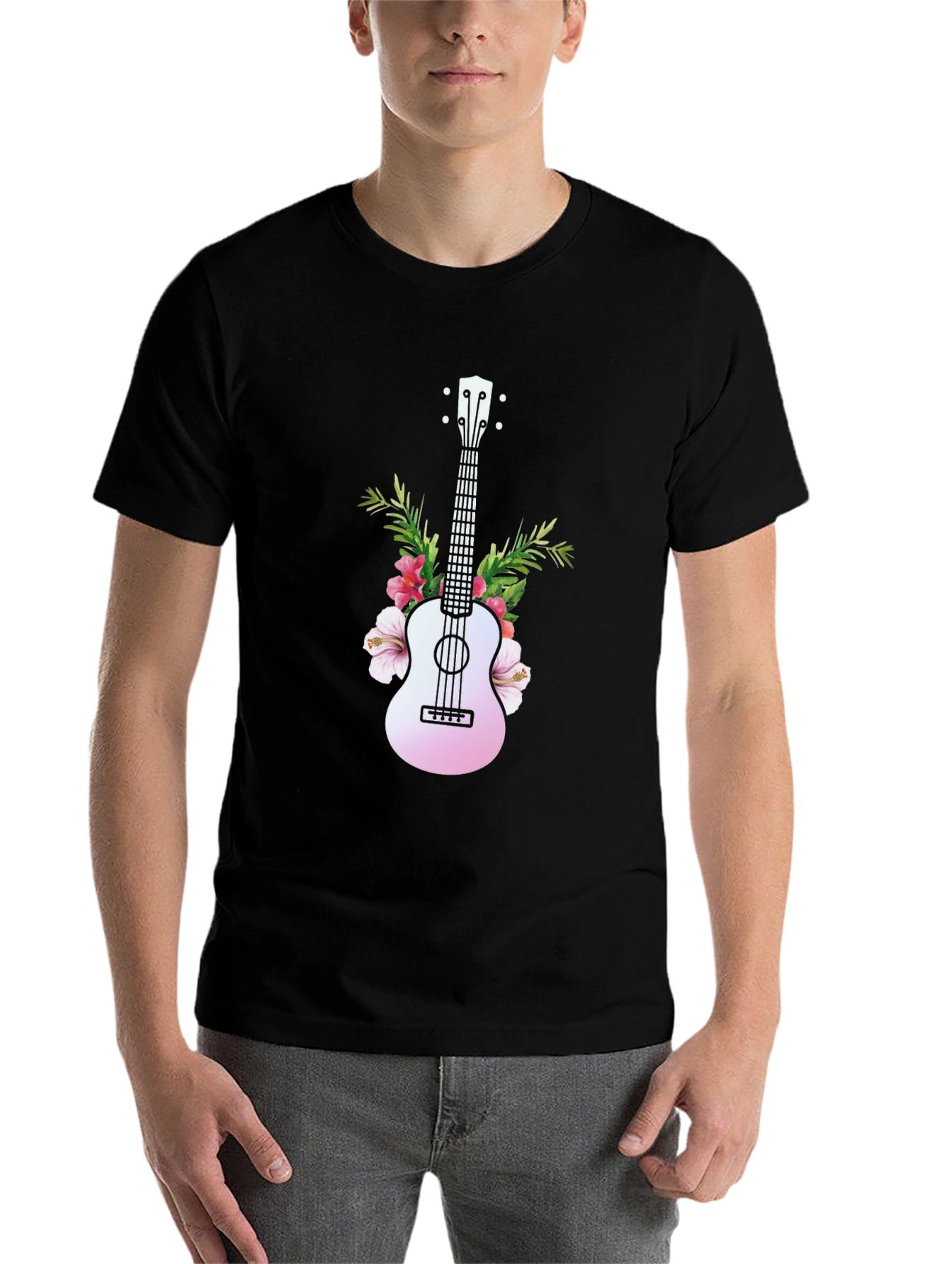 Black Tropical Ukulele Graphic Tee - Black Cotton T-Shirt view 7
