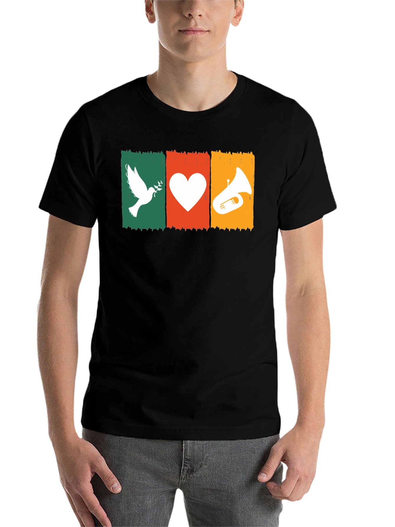 Black Peace, Love, Tuba T-Shirt: Soft Cotton Tee view 7