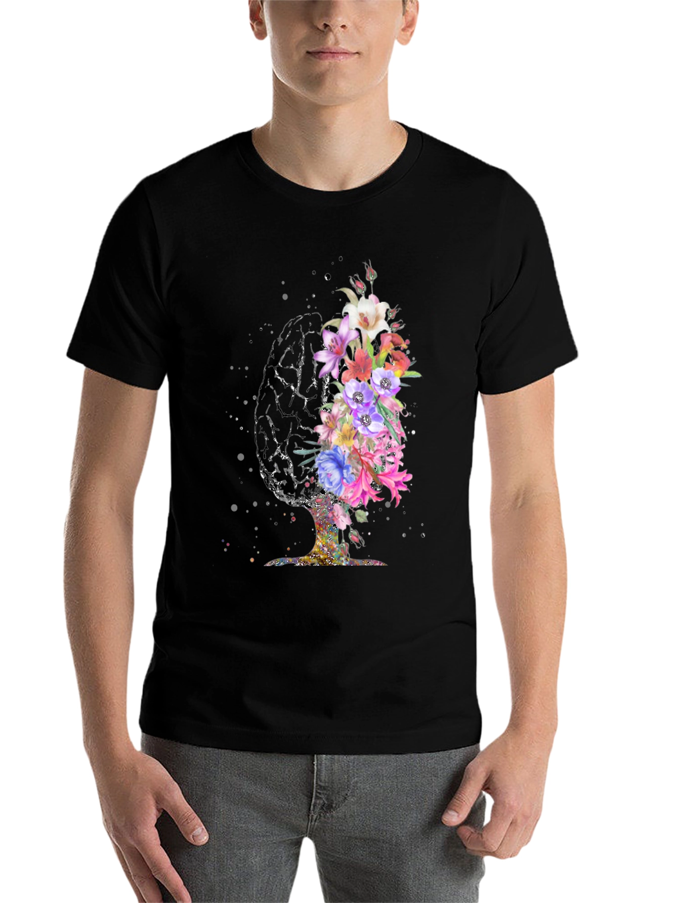 Black Floral Brain Graphic T-Shirt view 7