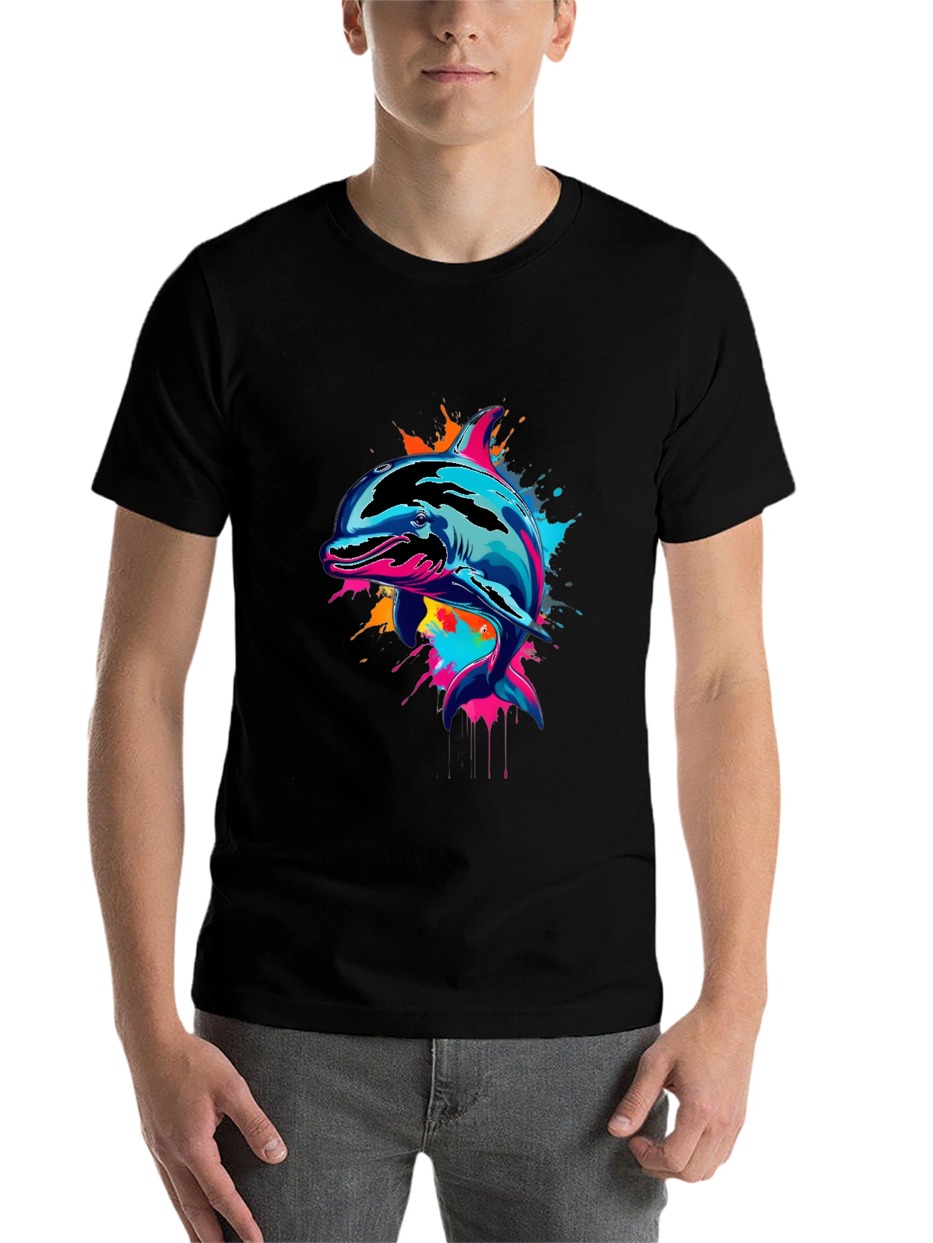 Black Vibrant Dolphin Graphic Tee - Men's Black T-Shirt view 7
