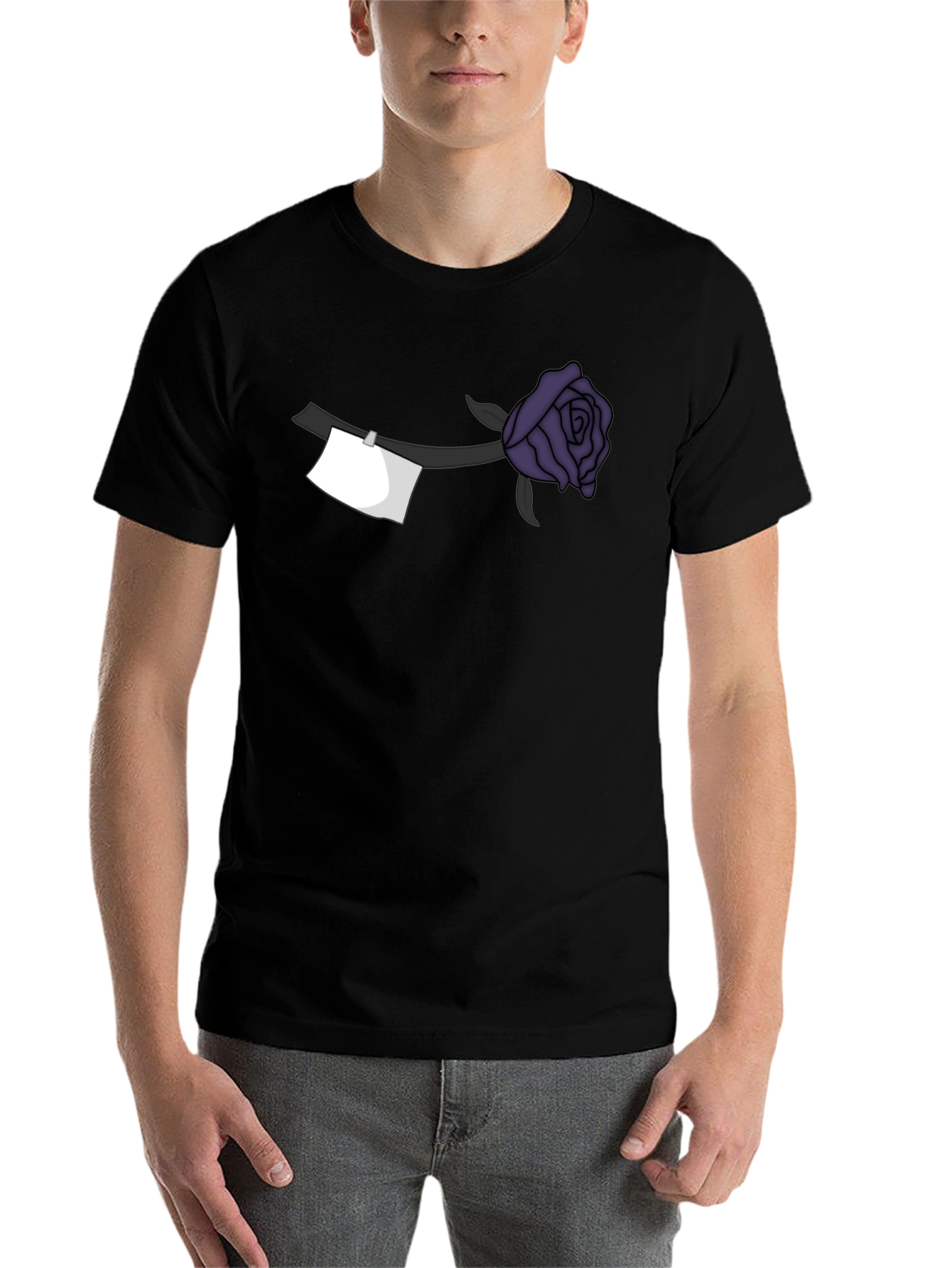 Black Black T-Shirt with Purple Rose and Note Design view 7