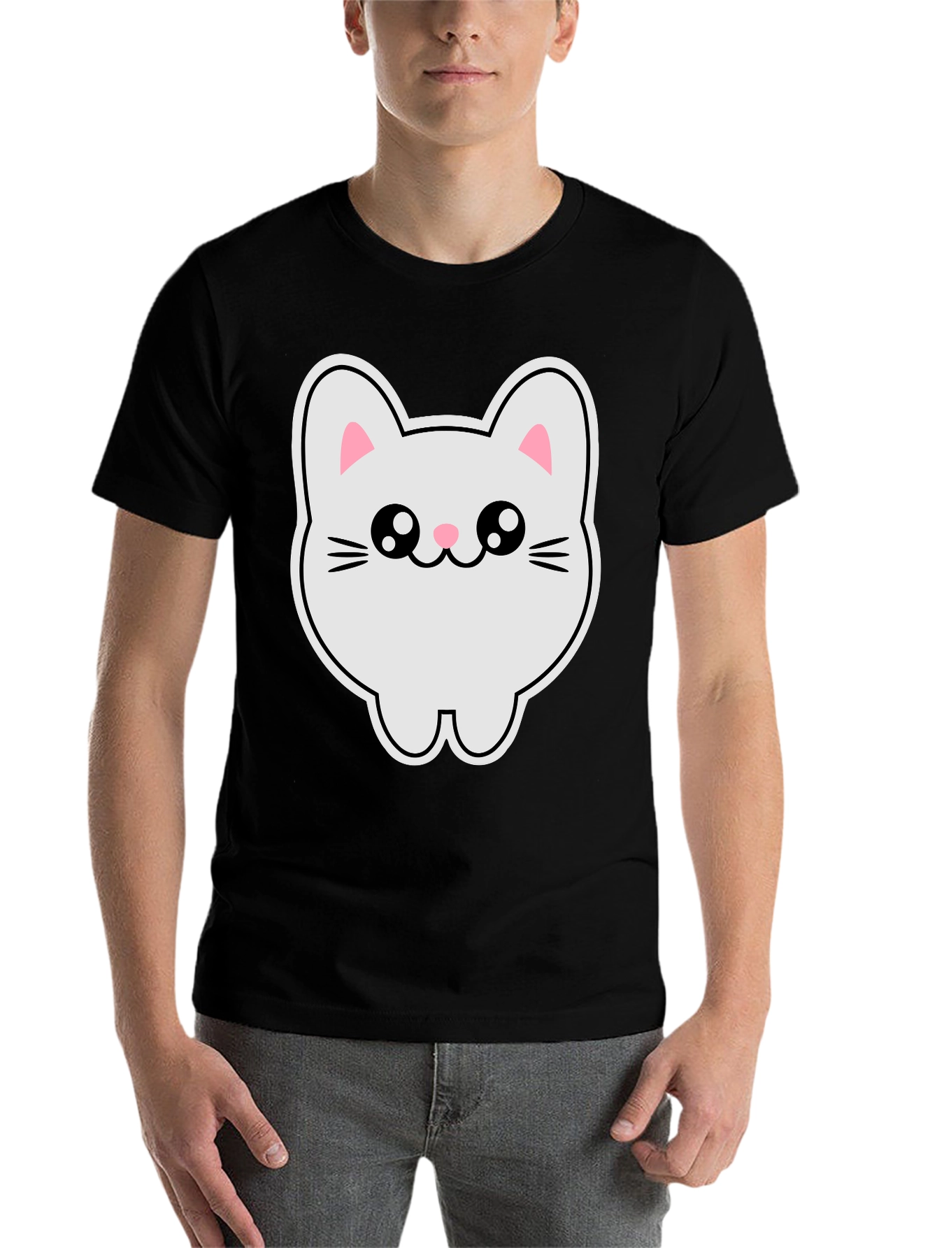 Black Cute Kawaii Cat T-Shirt - Black Cotton Tee view 7