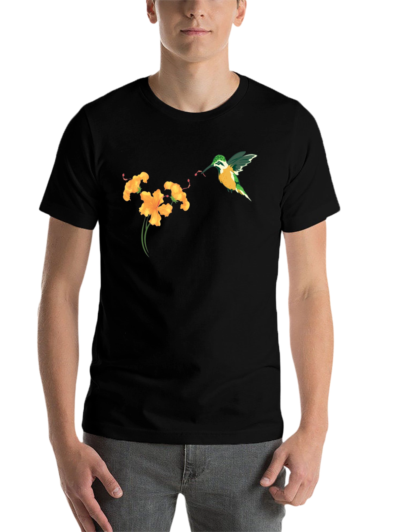 Black Hummingbird & Flower Graphic Tee - Stylish Black T-Shirt view 7