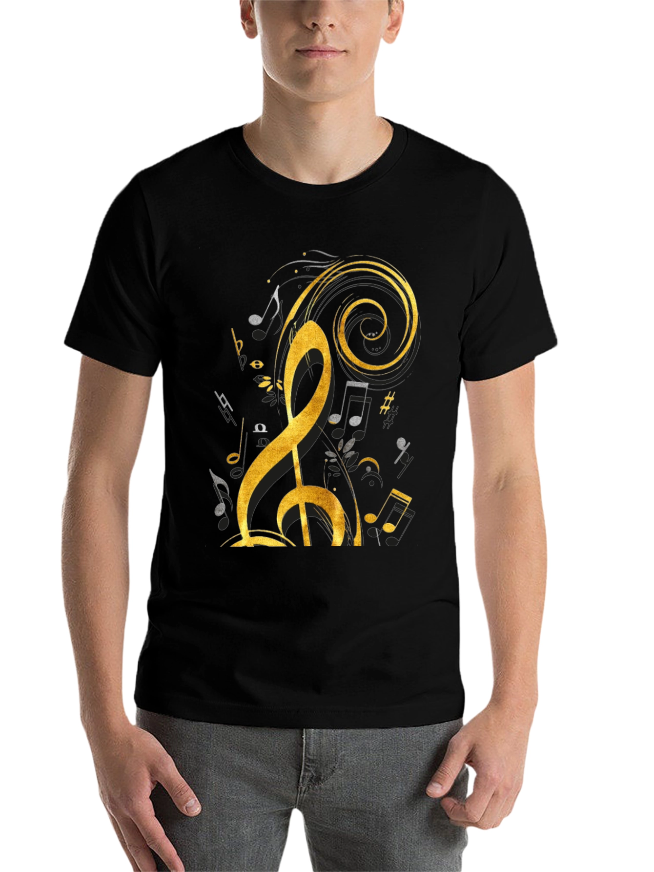 Black Musical Note Graphic Tee - Black Cotton T-Shirt view 7