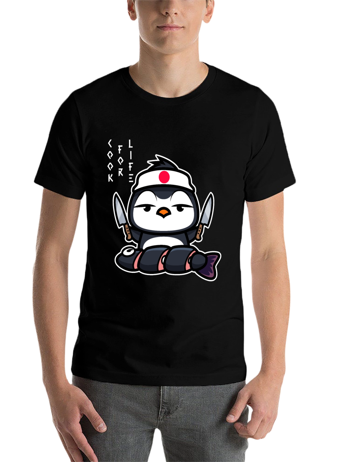 Black Sushi Chef Penguin T-Shirt - Cook Life view 7