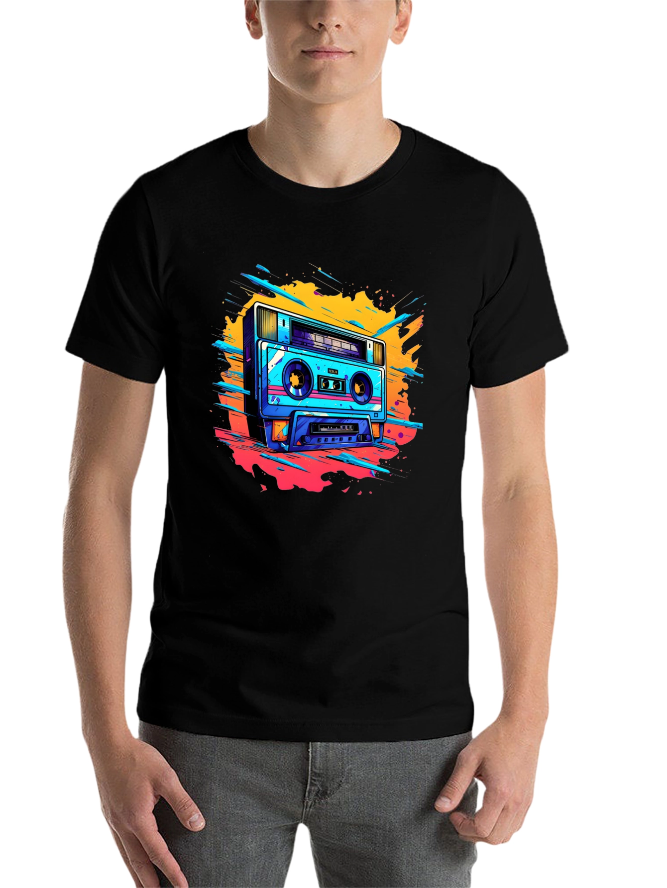 Black Retro Boombox Graphic Tee - Black Cotton T-Shirt view 7