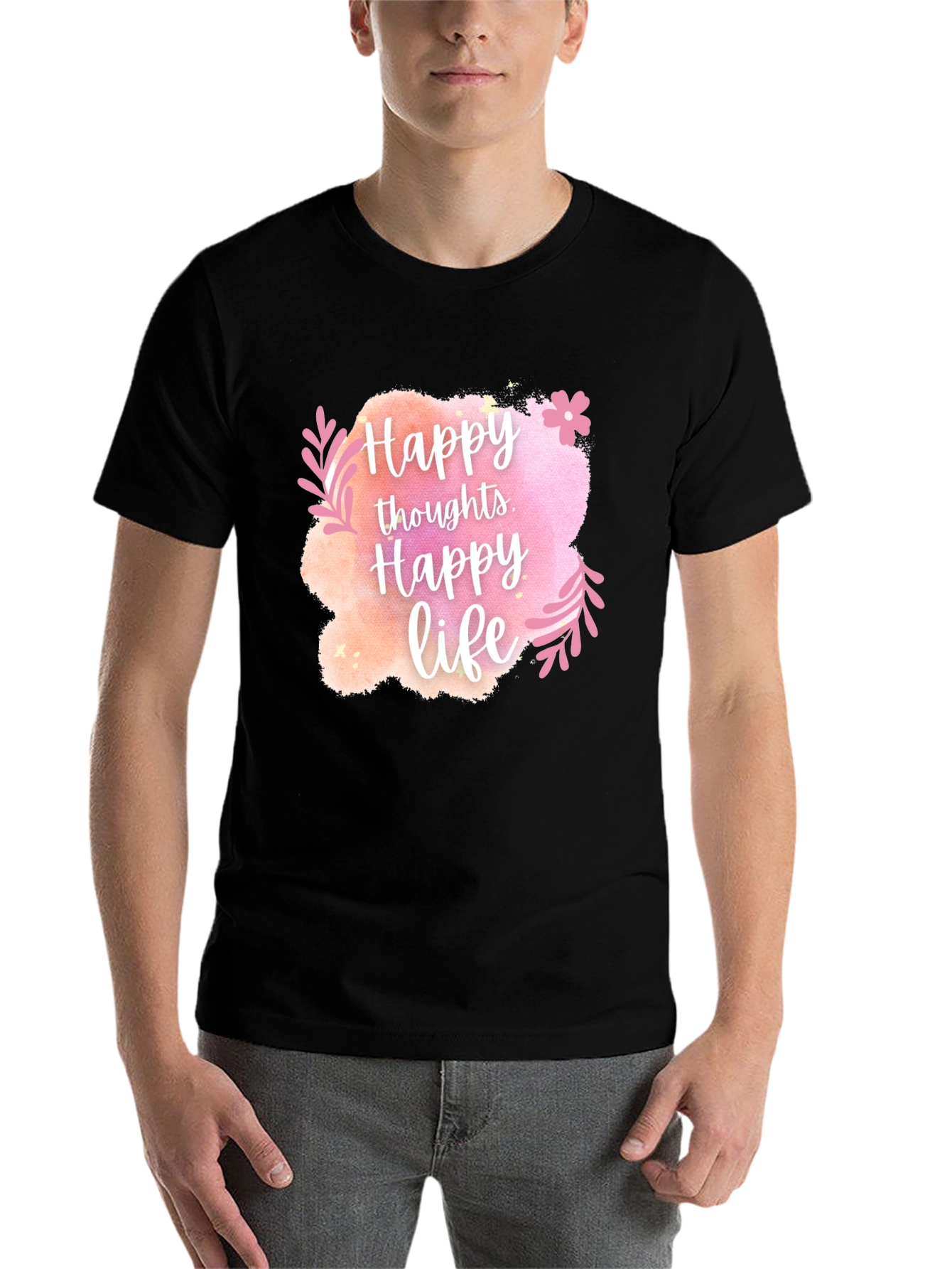 Black Happy Thoughts, Happy Life Graphic Tee view 7