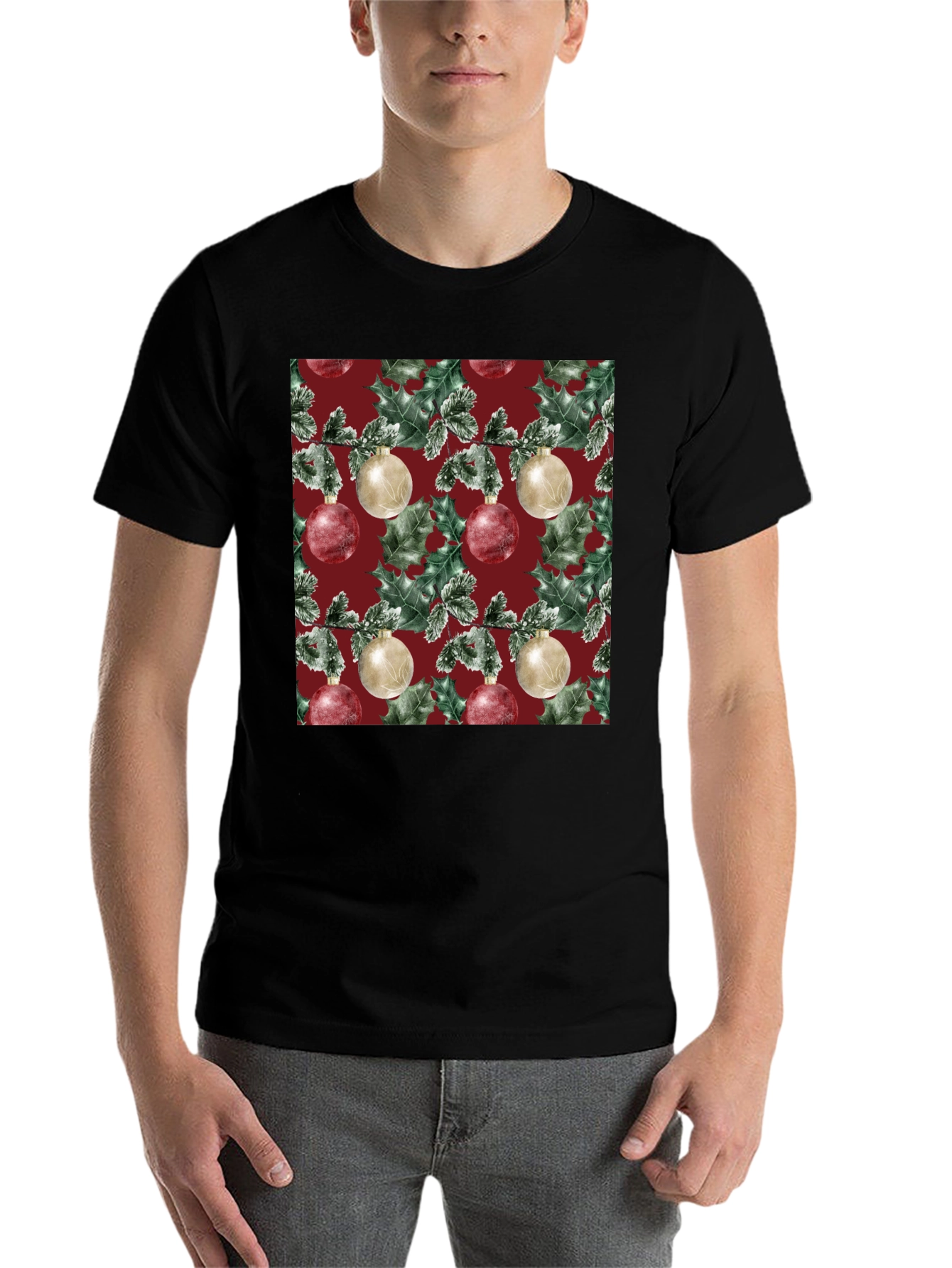 Black Festive Christmas Ornament Pattern T-Shirt view 7