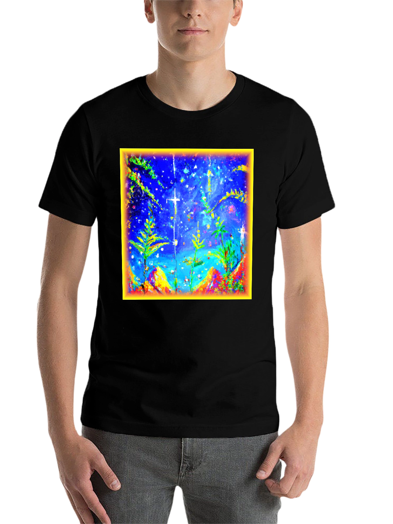 Black Abstract Art Graphic Tee - Men's Black Cotton T-Shirt view 7