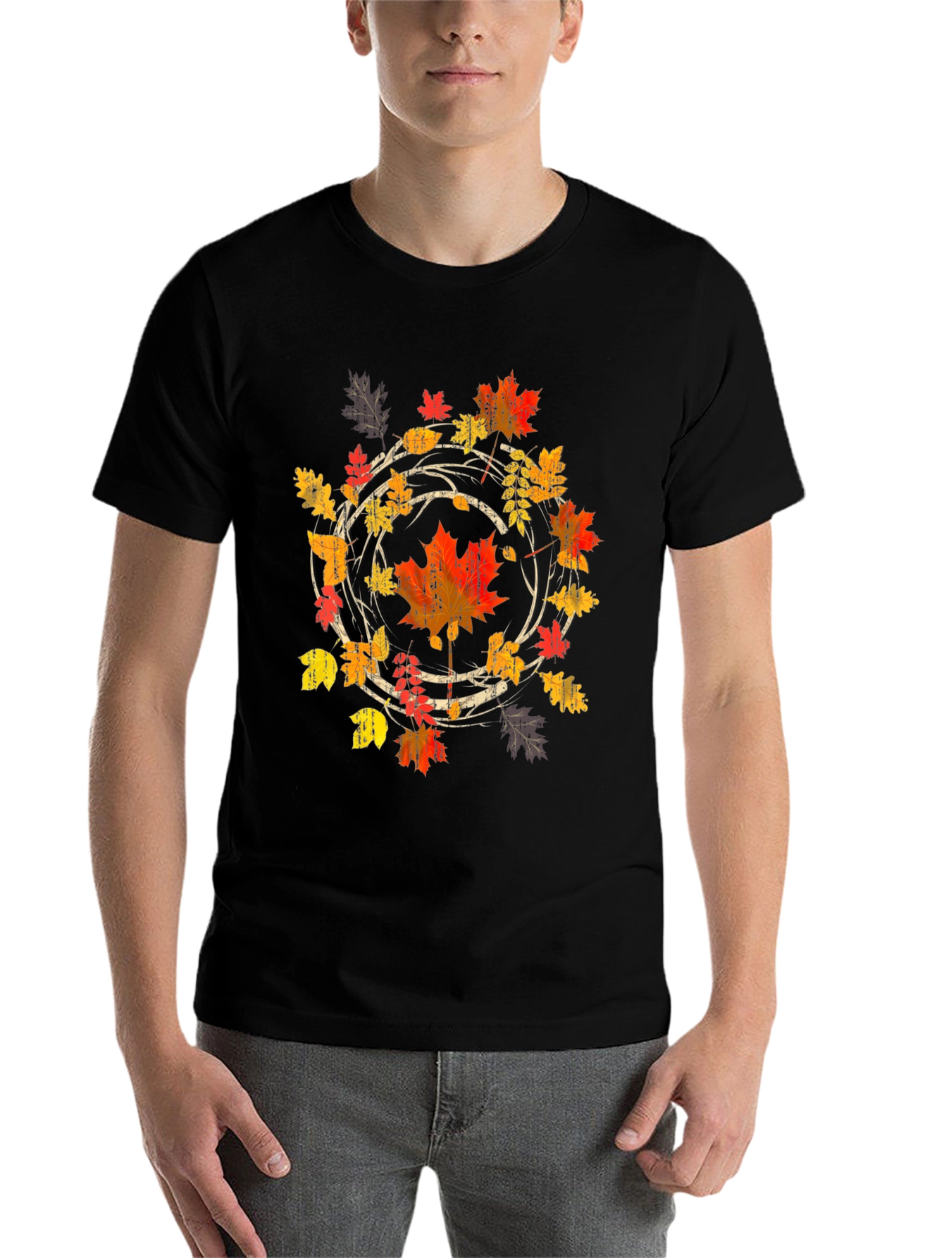 Black Autumn Leaf Circle Graphic Tee - Black Cotton Shirt view 7