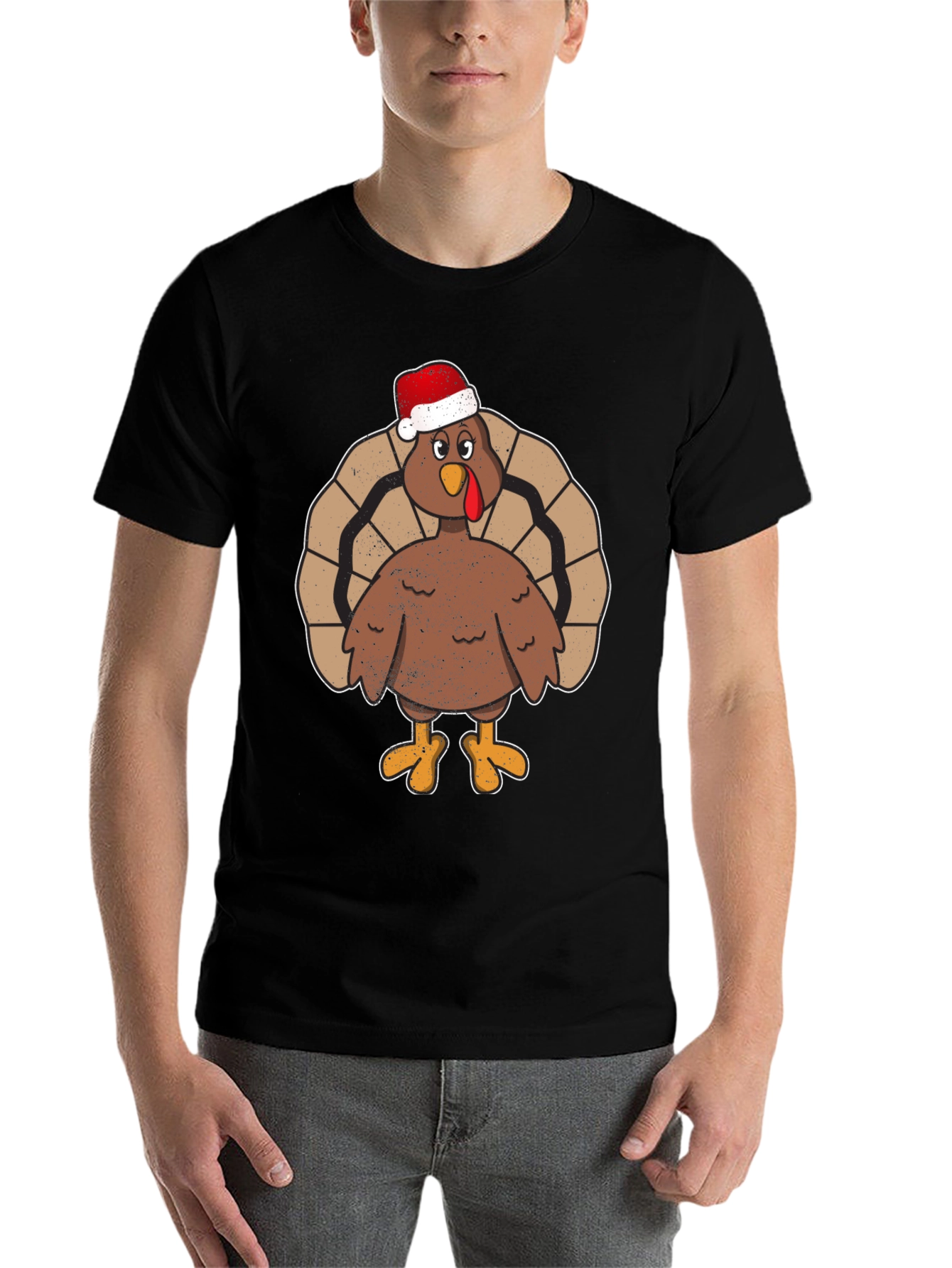 Black Festive Turkey Tee - Santa Hat Holiday Apparel view 7