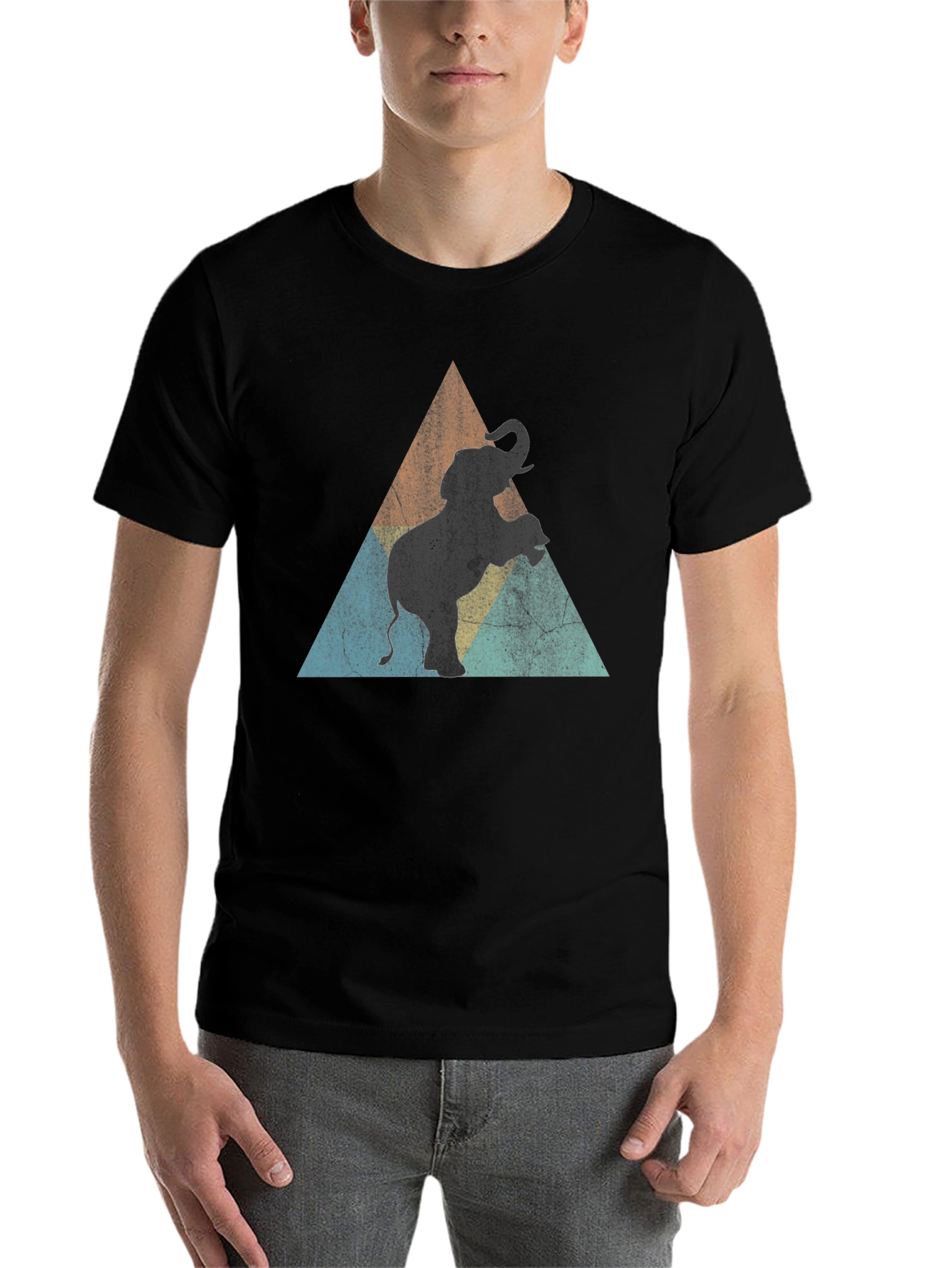 Black Elephant Retro Triangle Men's Black T-Shirt view 7