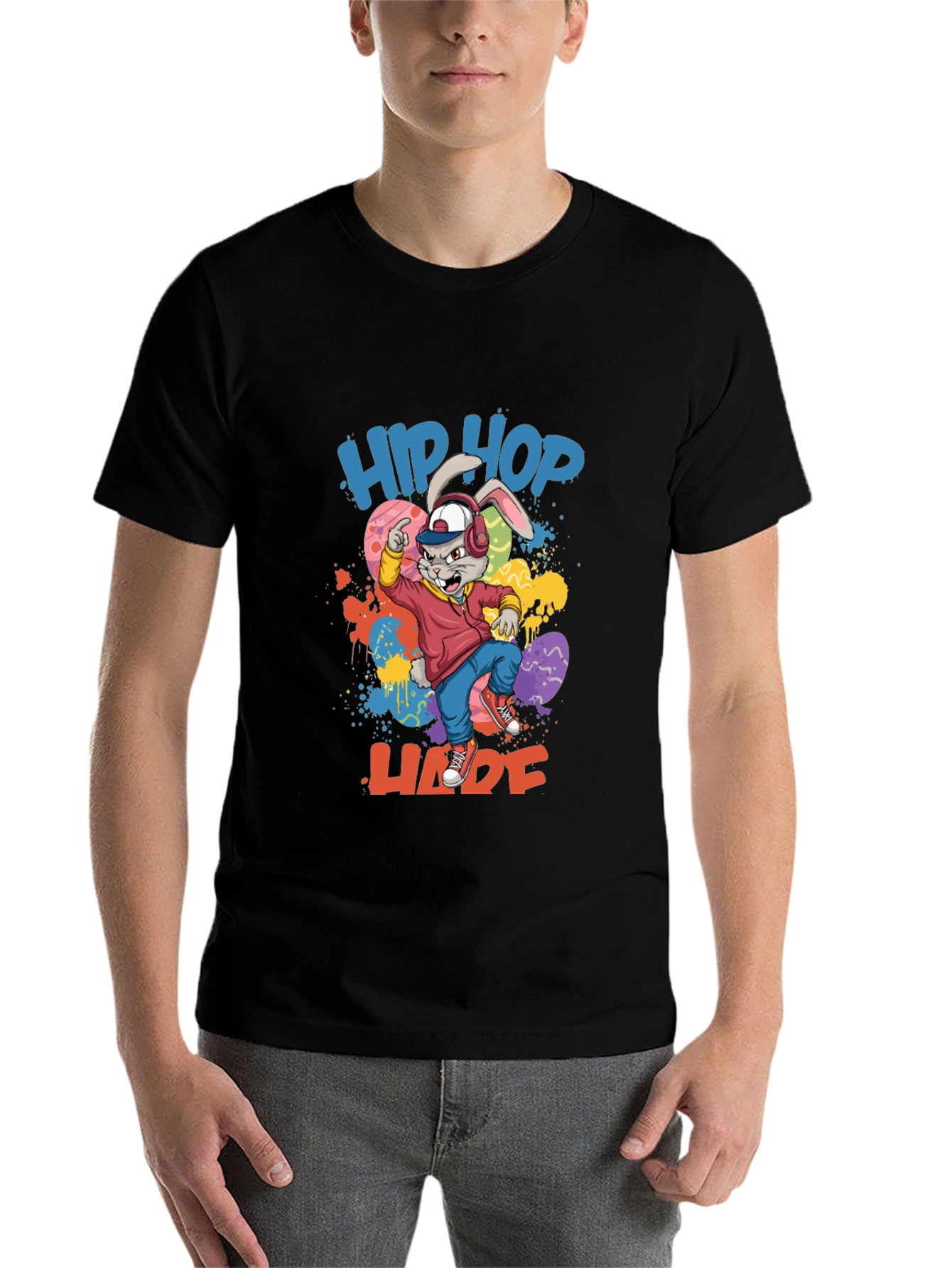 Black Hip Hop Hare Graphic Tee - Cool Bunny T-Shirt view 7