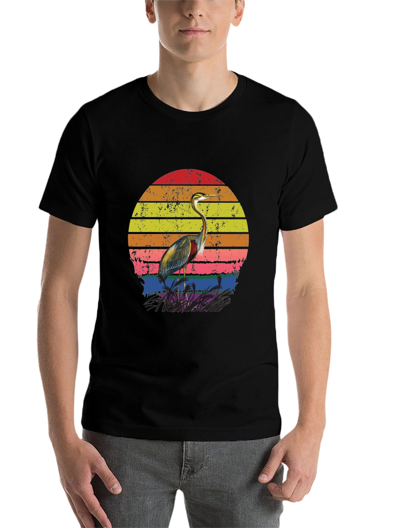 Black Retro Heron Sunset Graphic Tee - Black Cotton Blend view 7