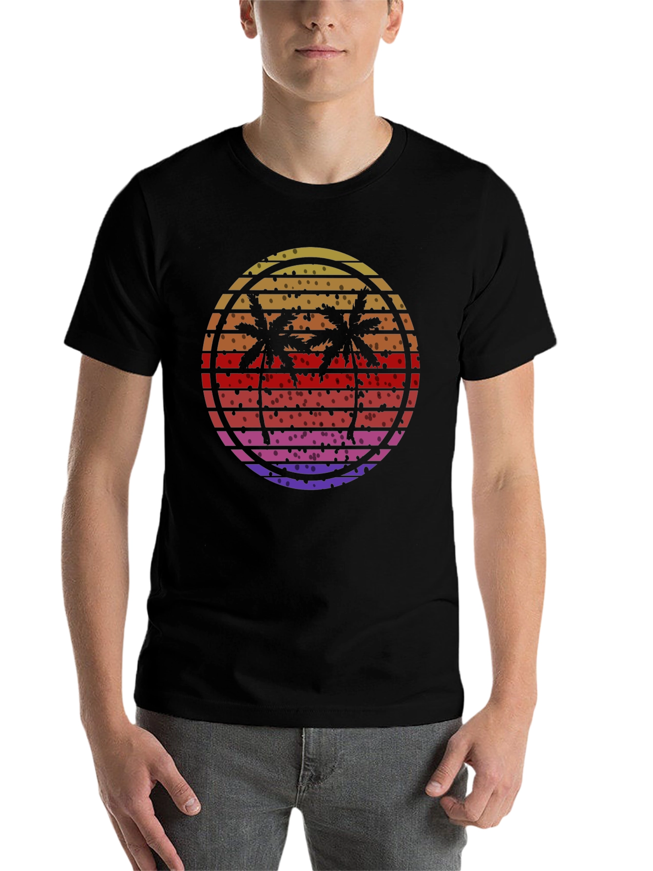 Black Retro Sunset Palm Tree Graphic T-Shirt view 7