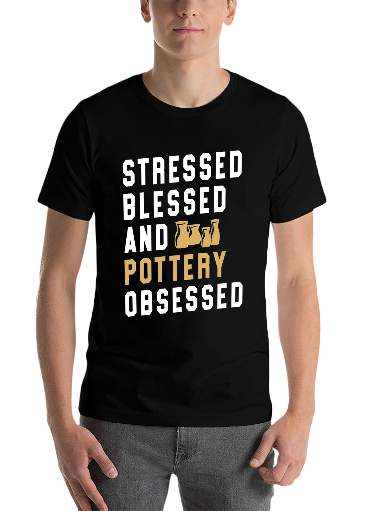 Black Stressed Blessed Pottery Obsessed T-Shirt view 7