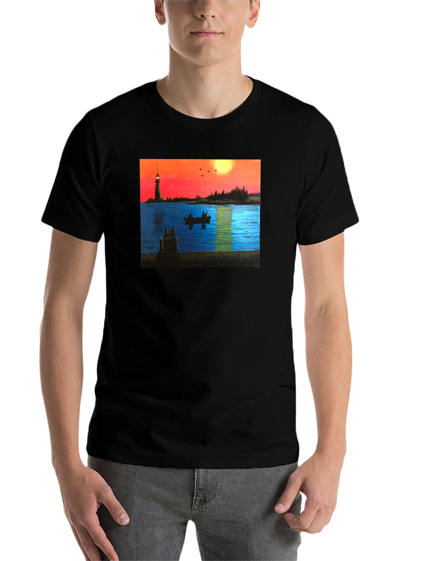 Black Sunset Lake Lighthouse Graphic Tee view 7