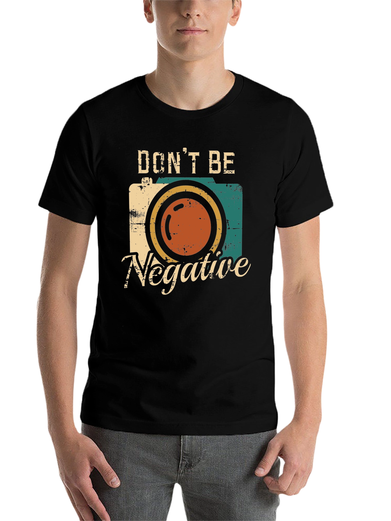 Black Don't Be Negative Retro Camera Graphic T-Shirt view 7