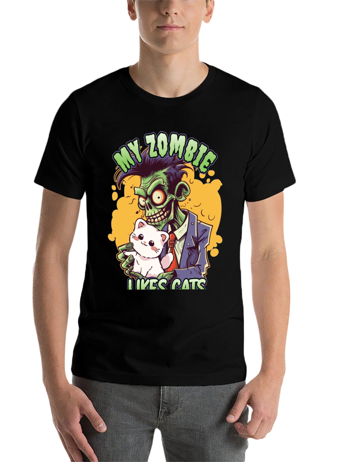 Black Zombie Likes Cats T-Shirt view 7