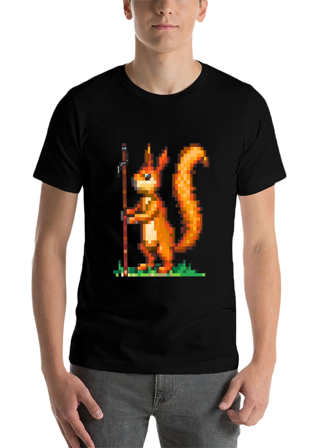 Black Pixel Squirrel Fishing T-Shirt - Black Cotton Tee view 7