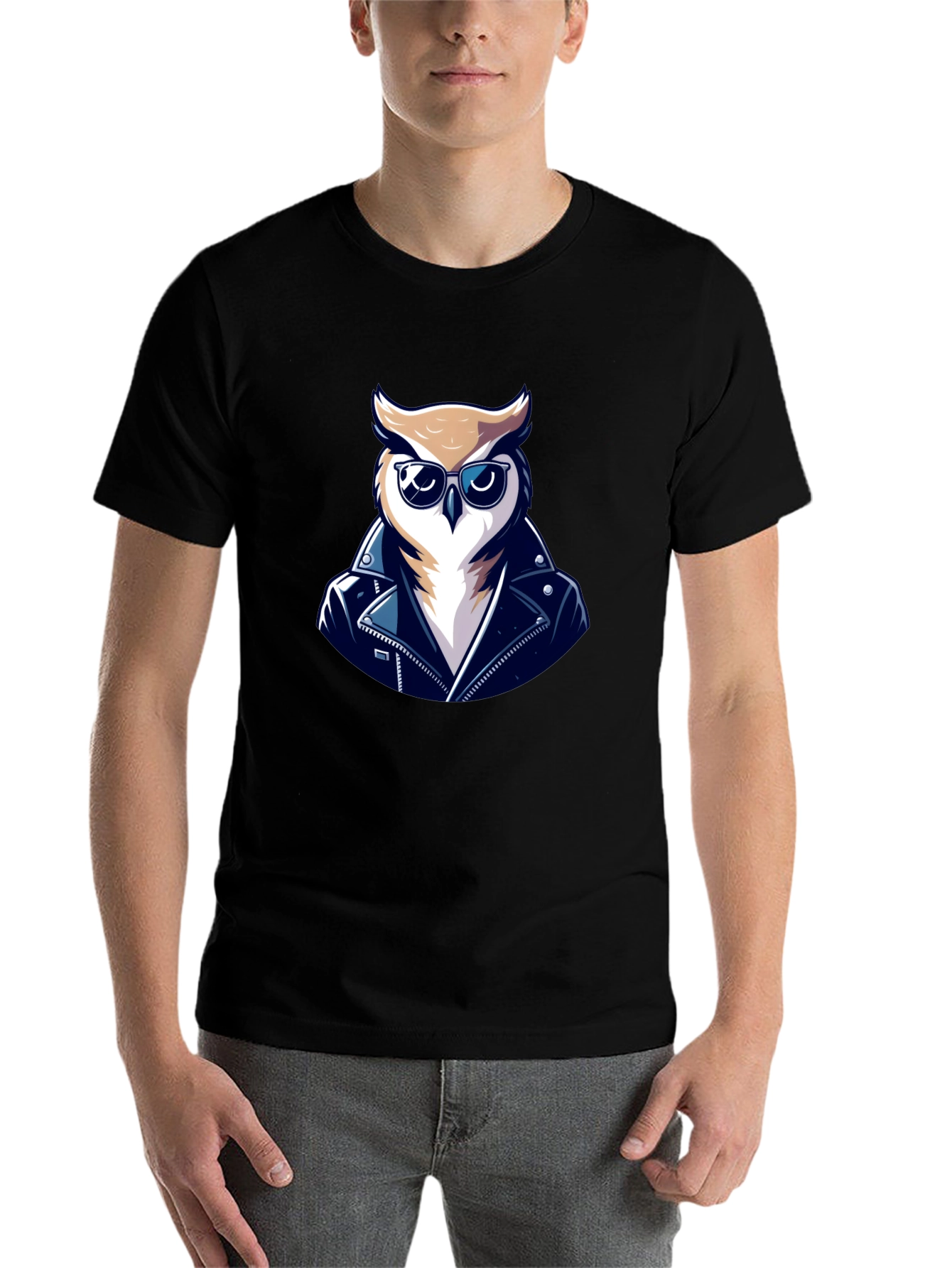 Black Cool Owl Biker T-Shirt - Black Cotton Tee view 7