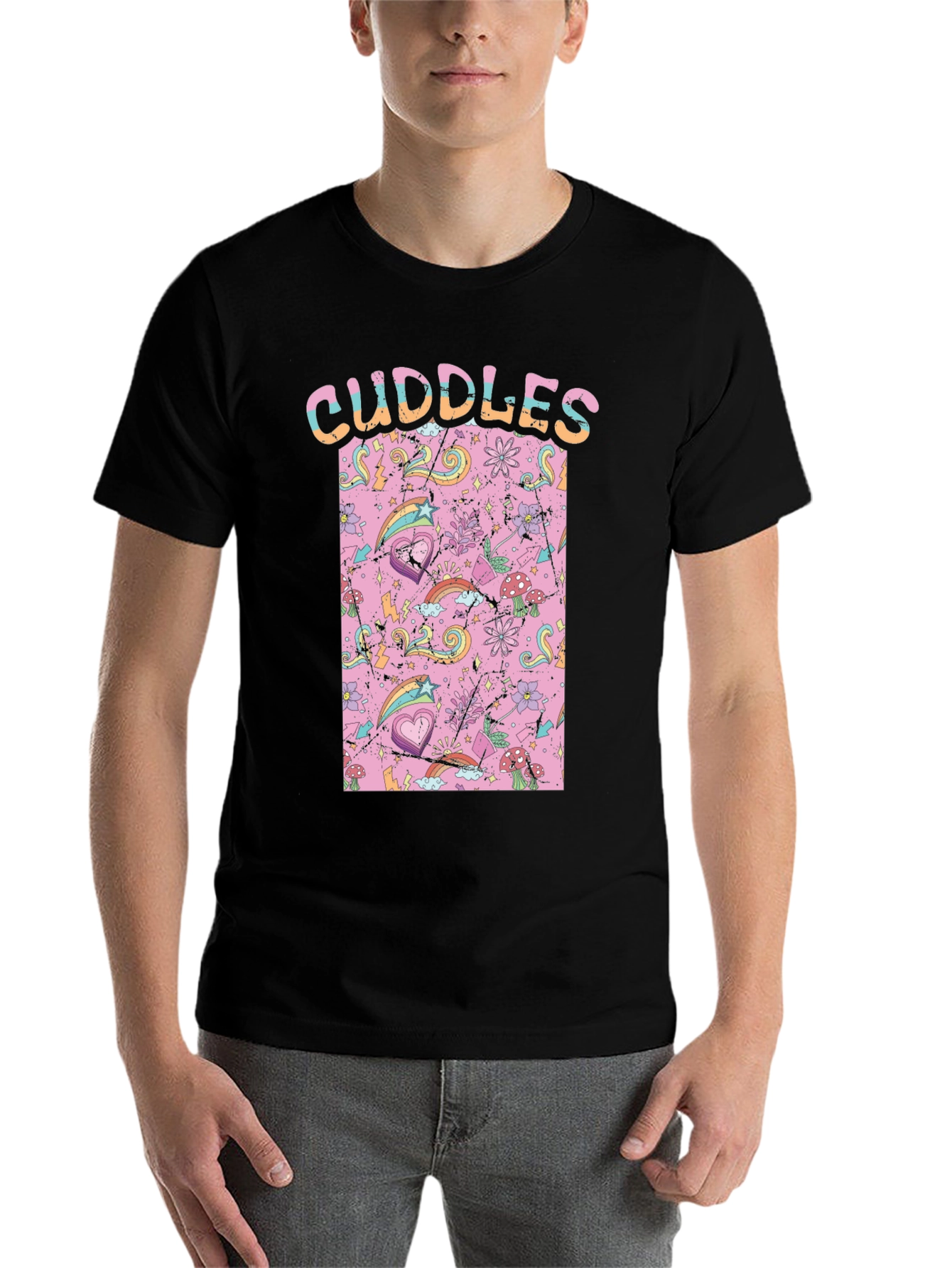 Black Cuddles Graphic Print Crew Neck T-Shirt view 7