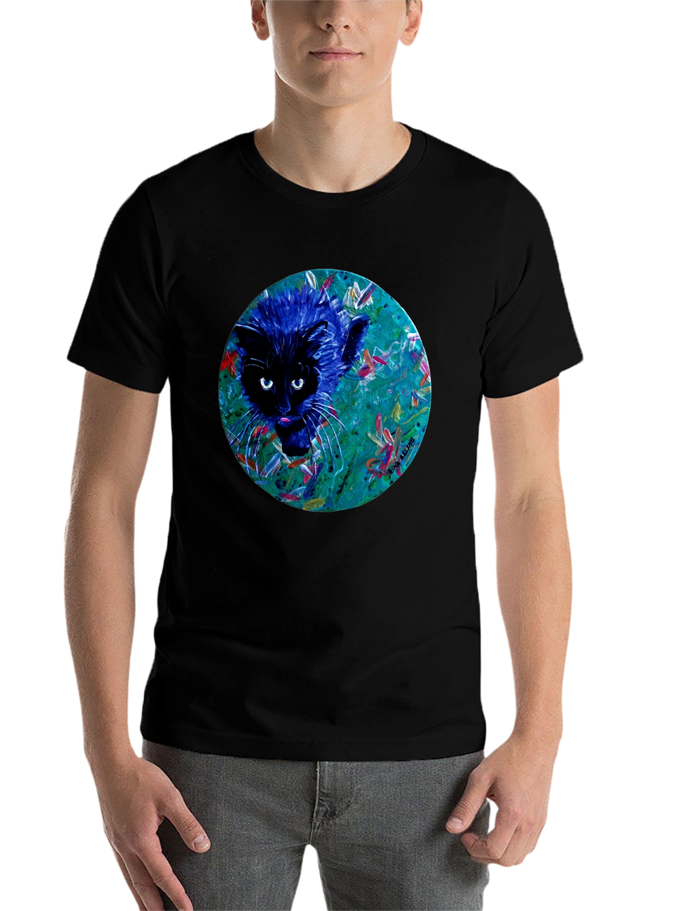 Black Abstract Cat Graphic Tee - Black Cotton T-Shirt view 7