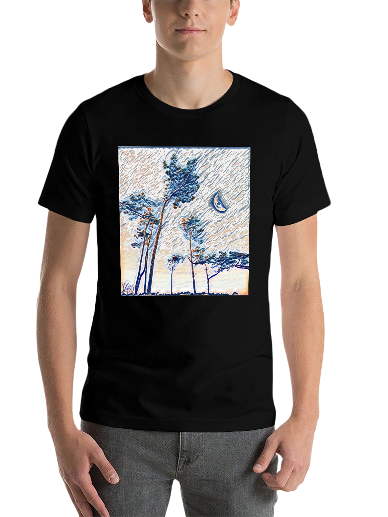 Black Artistic Trees and Moon Graphic Tee view 7