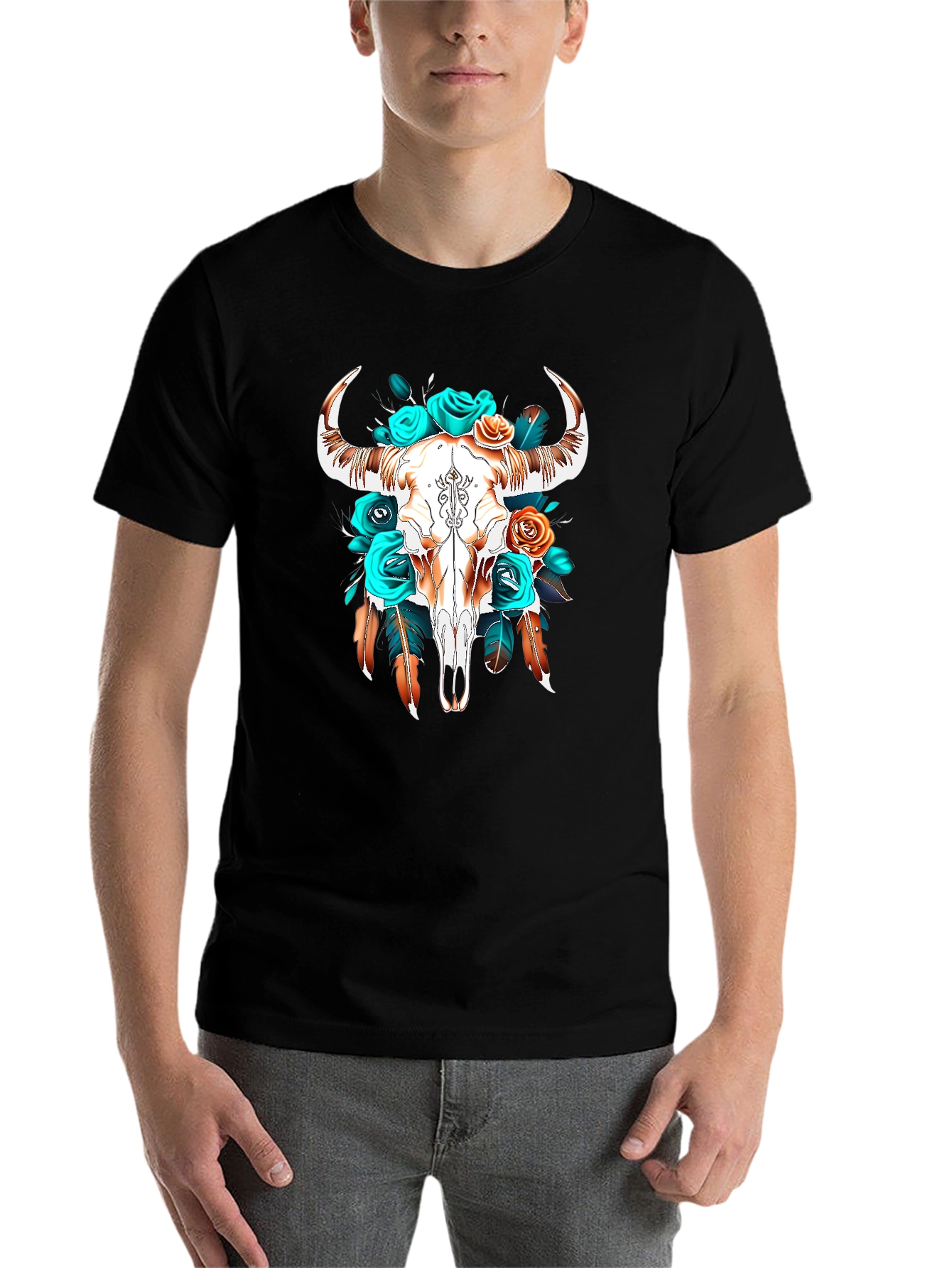 Black Boho Bull Skull Graphic Tee view 7