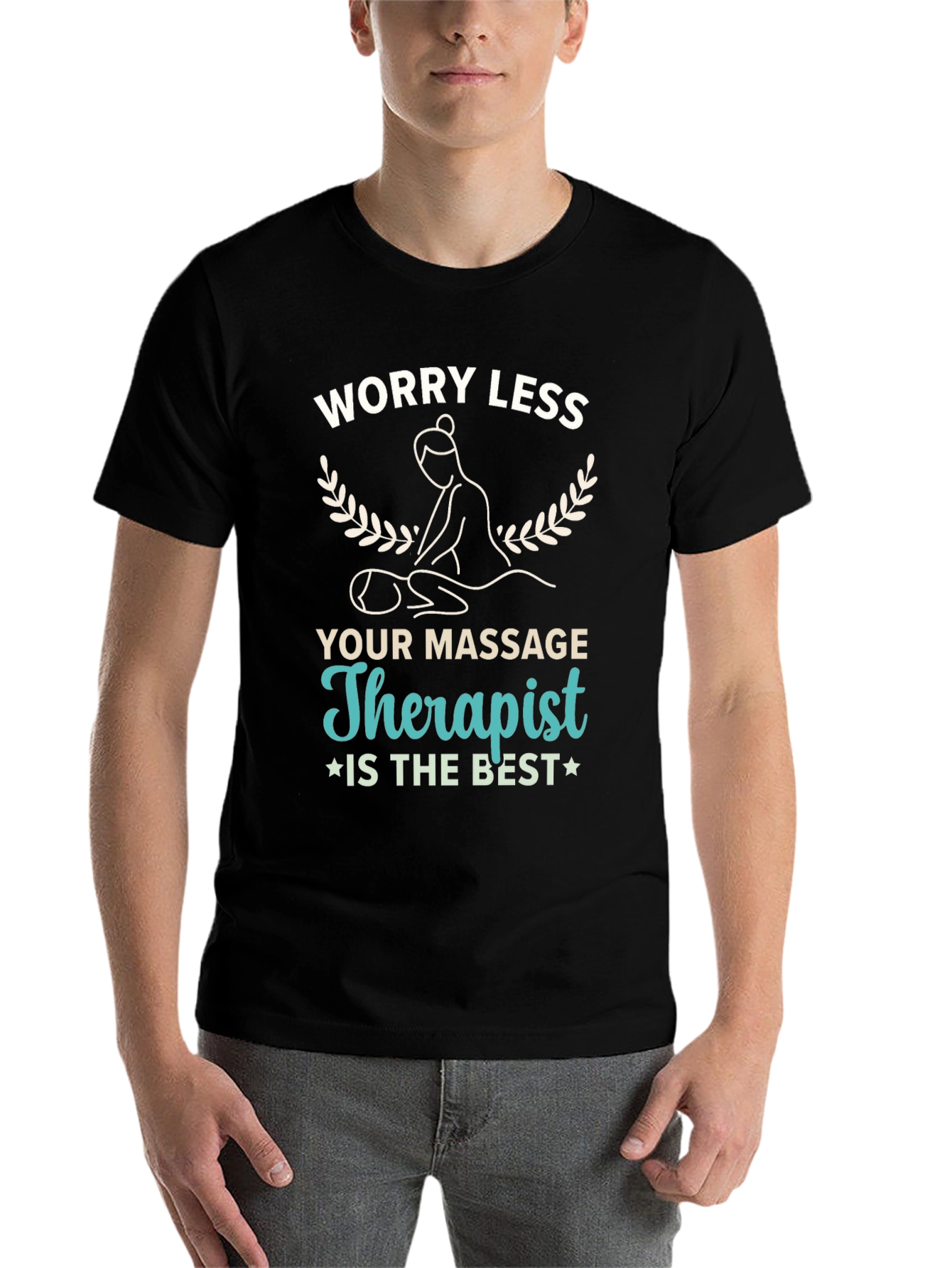 Black Worry Less Massage Therapist T-Shirt view 7