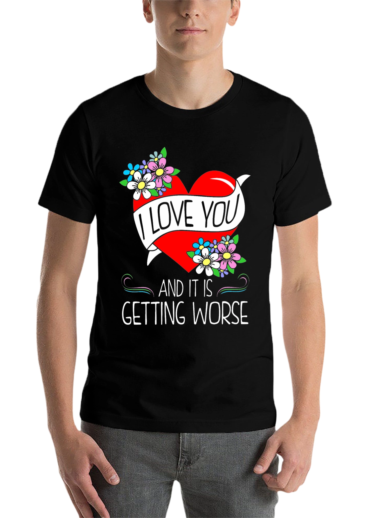 Black I Love You Graphic Tee - Novelty Heart & Flowers Design view 7