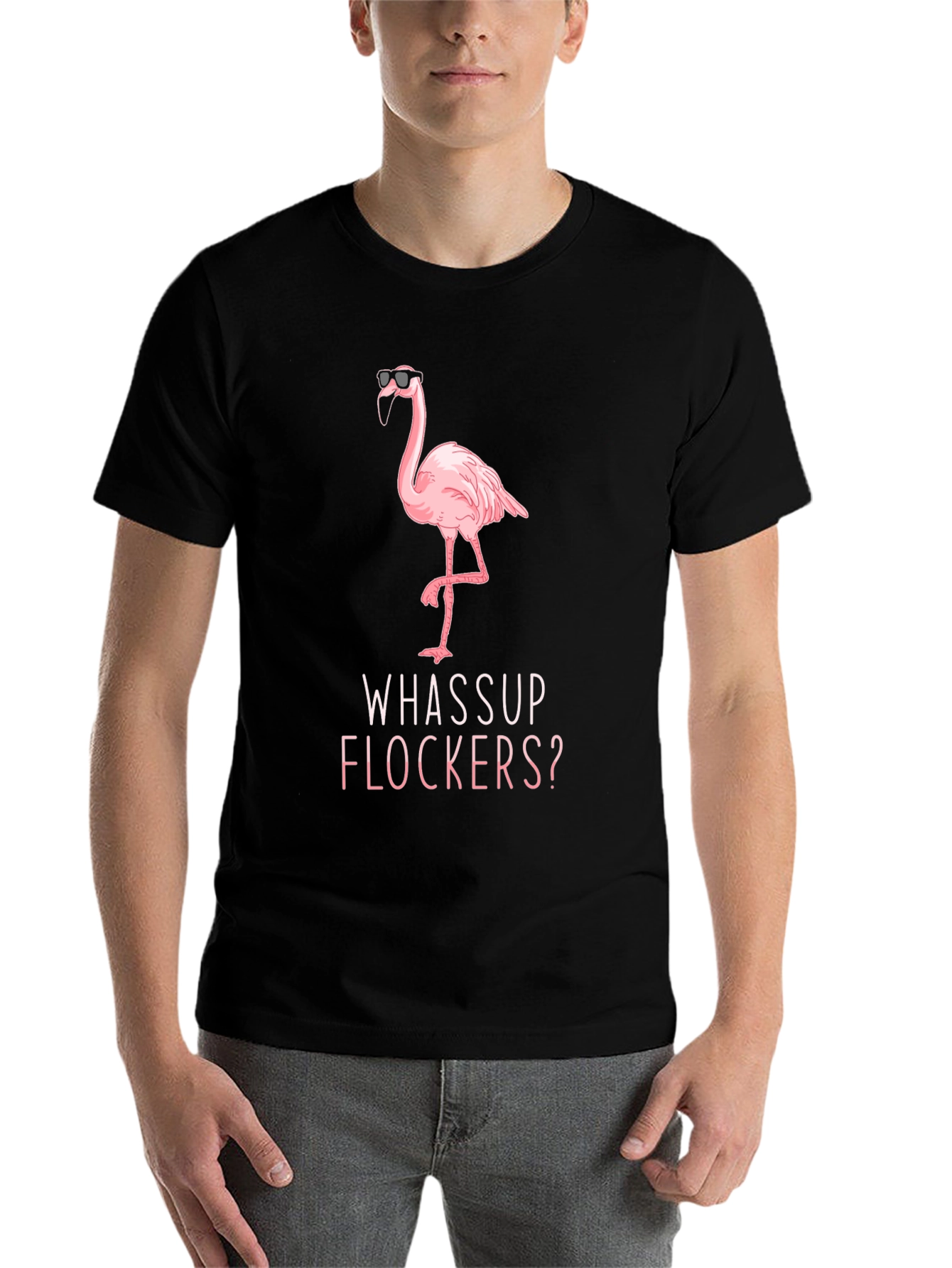 Black Whassup Flockers? Flamingo T-Shirt - Cool & Funny view 7