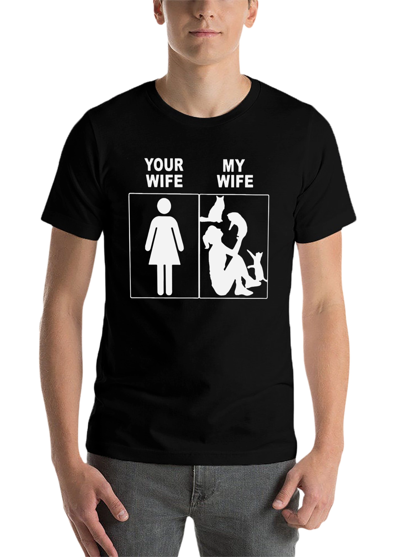 Black Humorous Cat Lover T-Shirt - "My Wife" view 7