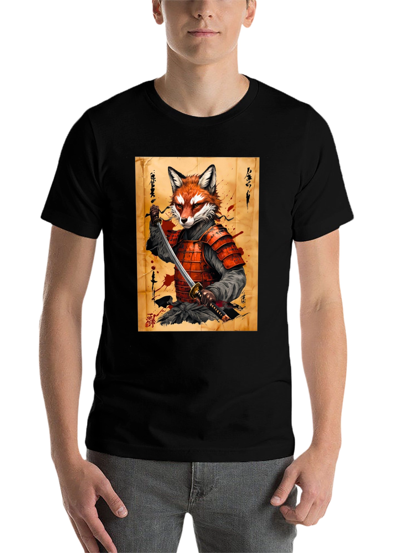 Black Fox Samurai Graphic T-Shirt - Unique Design view 7