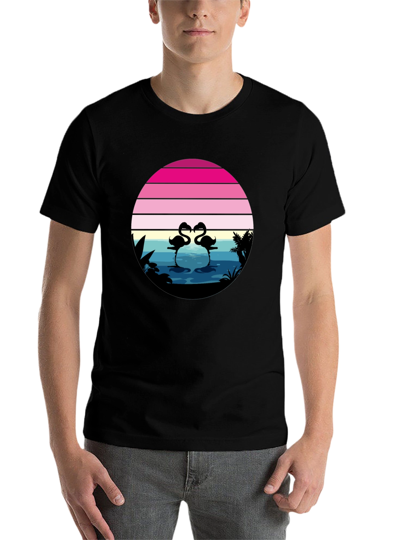 Black Retro Flamingo Sunset Graphic Tee view 7