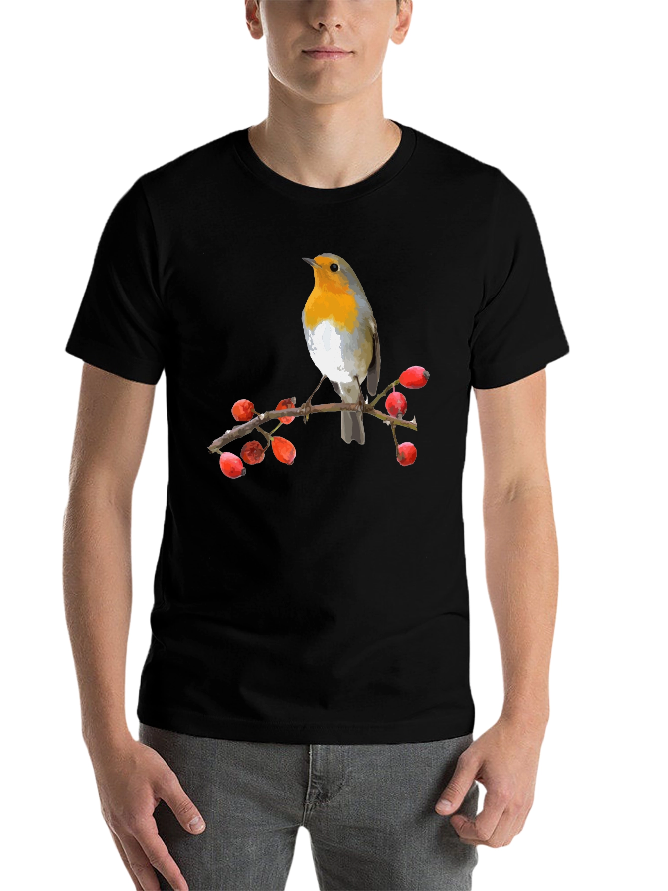 Black Robin Bird on Branch T-Shirt view 7