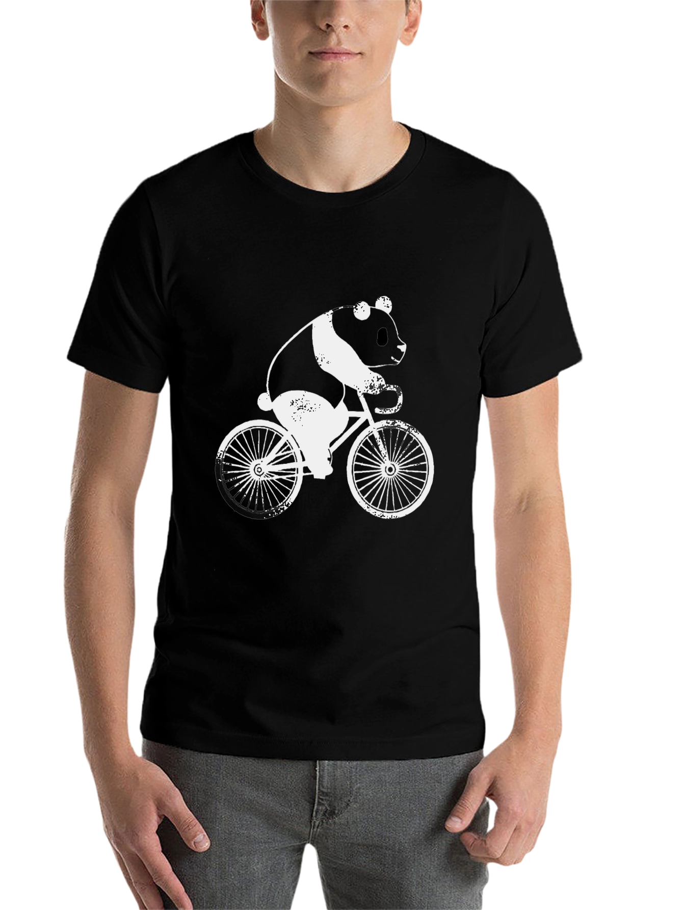 Black Panda on Bike Graphic Tee - Black Cotton T-Shirt view 7
