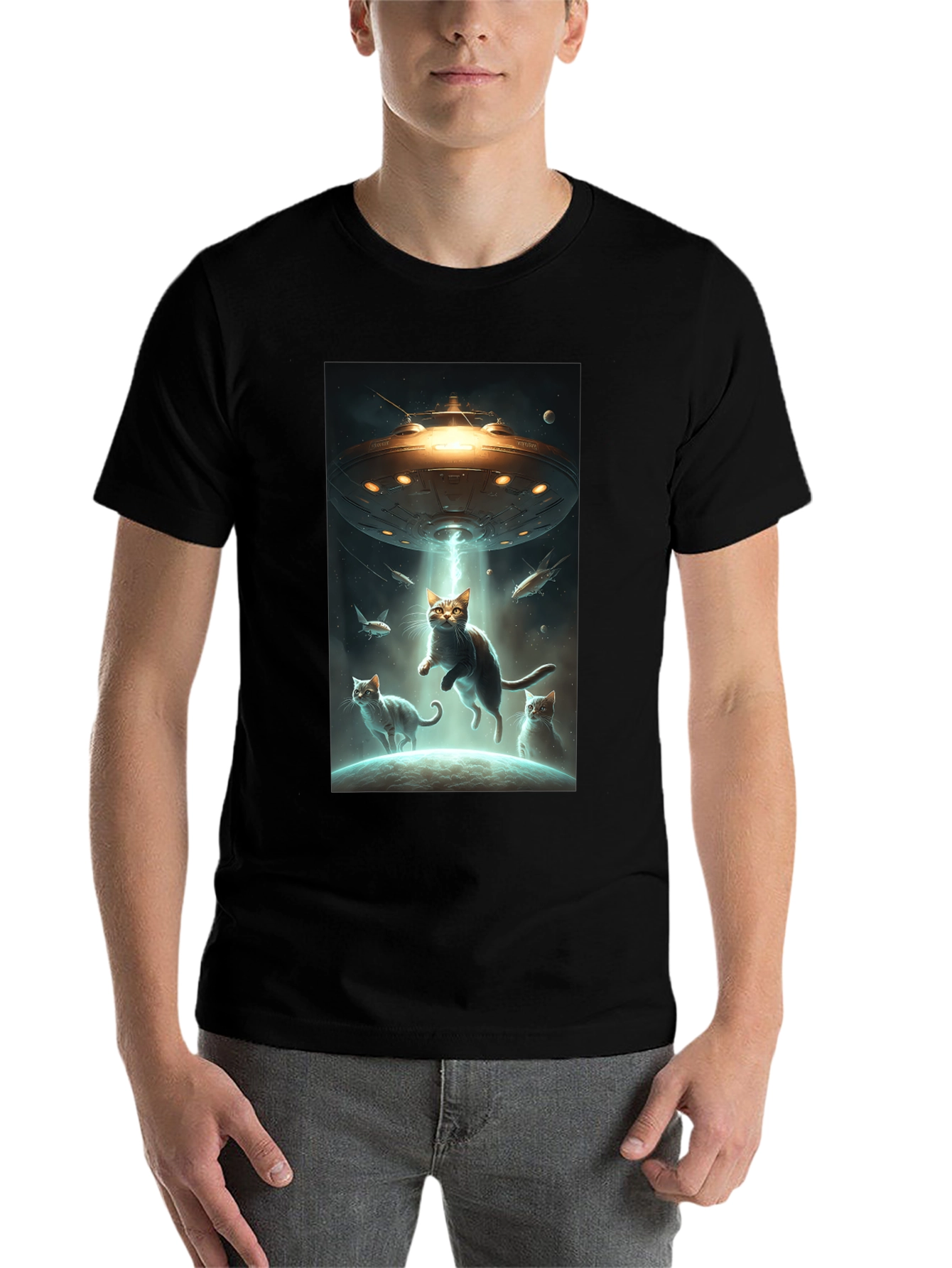 Black UFO Cat Abduction Graphic Tee view 7