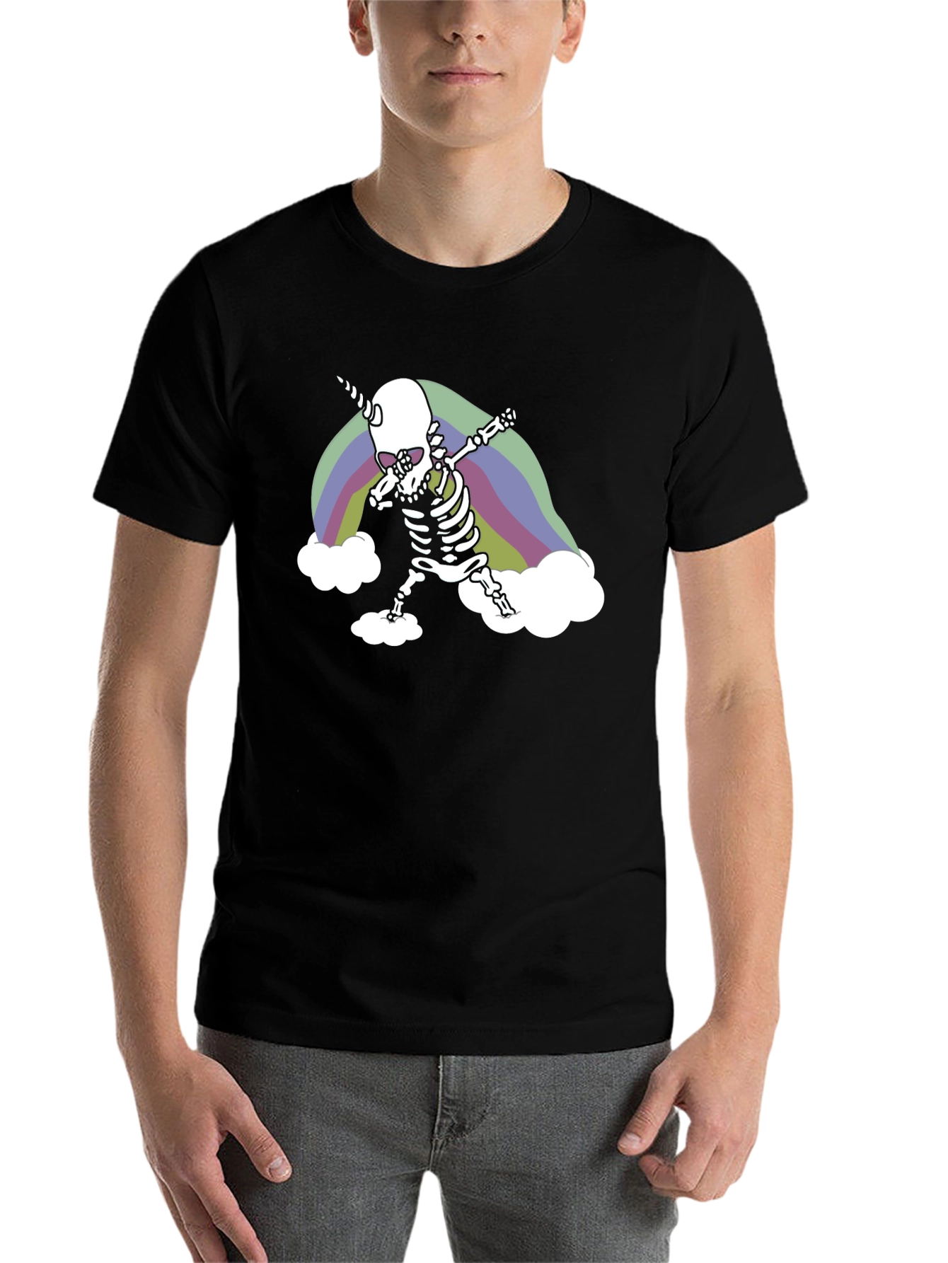Black Dabbing Skeleton Unicorn Rainbow Graphic Tee view 7