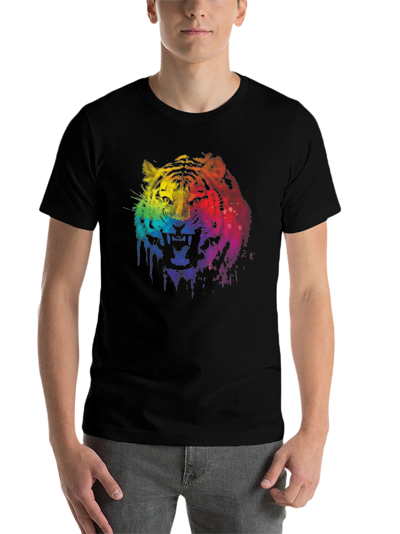 Black Rainbow Tiger Graphic Print Black T-Shirt view 7