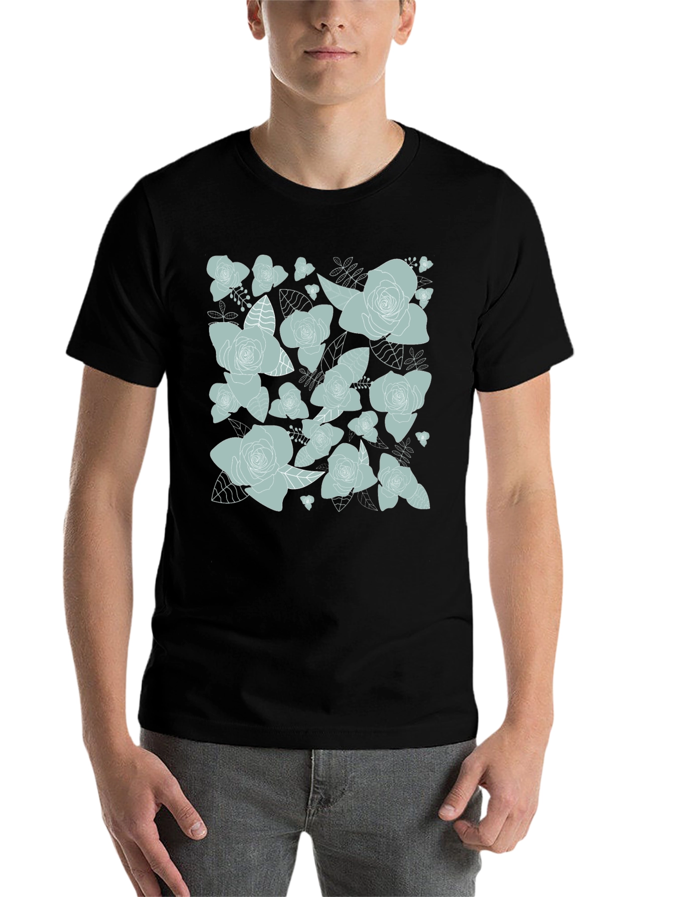 Black Floral Rose Print T-Shirt - Black view 7