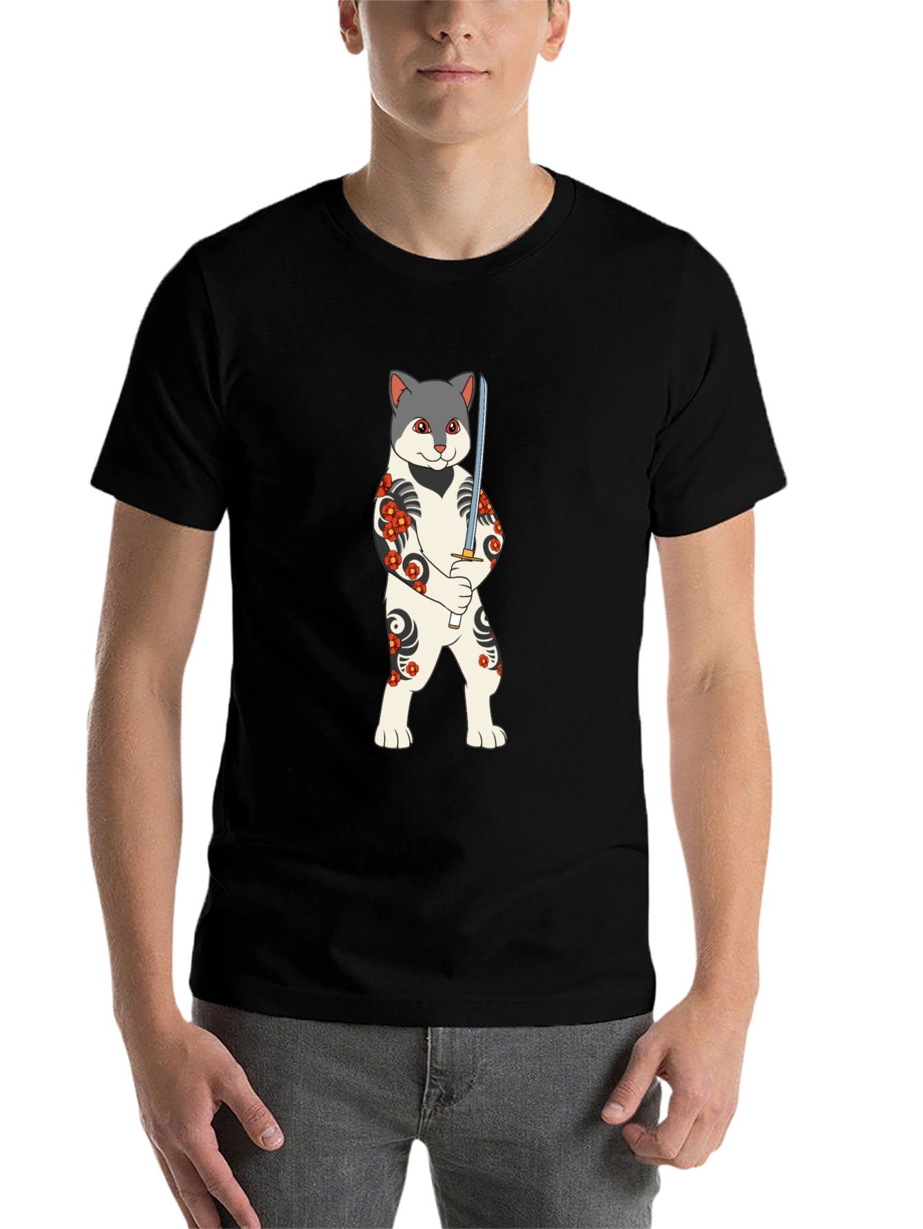 Black Samurai Cat T-Shirt - Unique Graphic Tee view 7