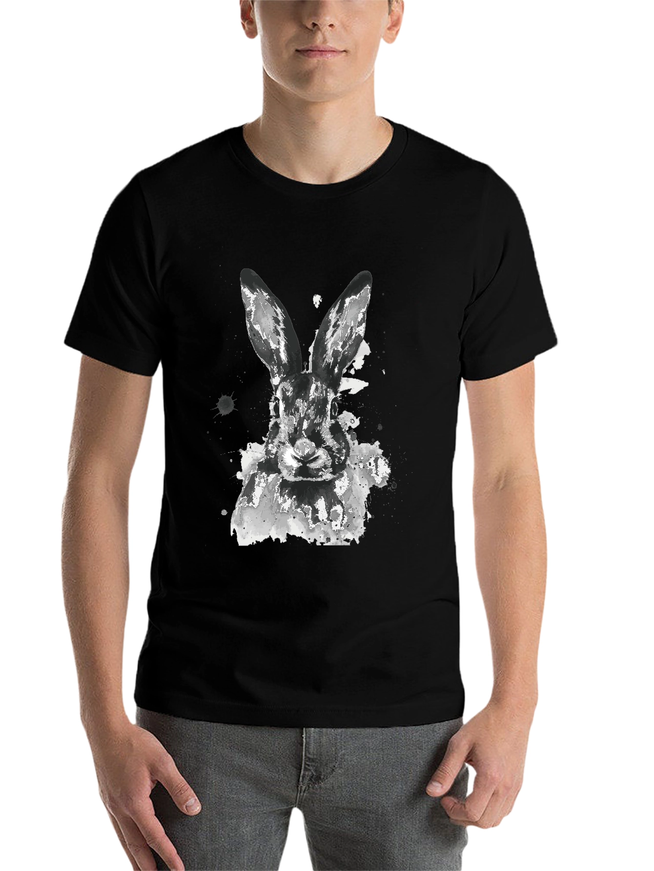 Black Rabbit Watercolor Graphic Tee - Casual Black T-Shirt view 7