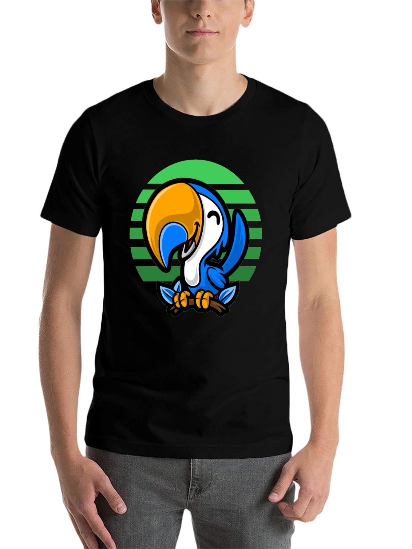 Black Cartoon Parrot Graphic Tee - Men's Black T-Shirt view 7